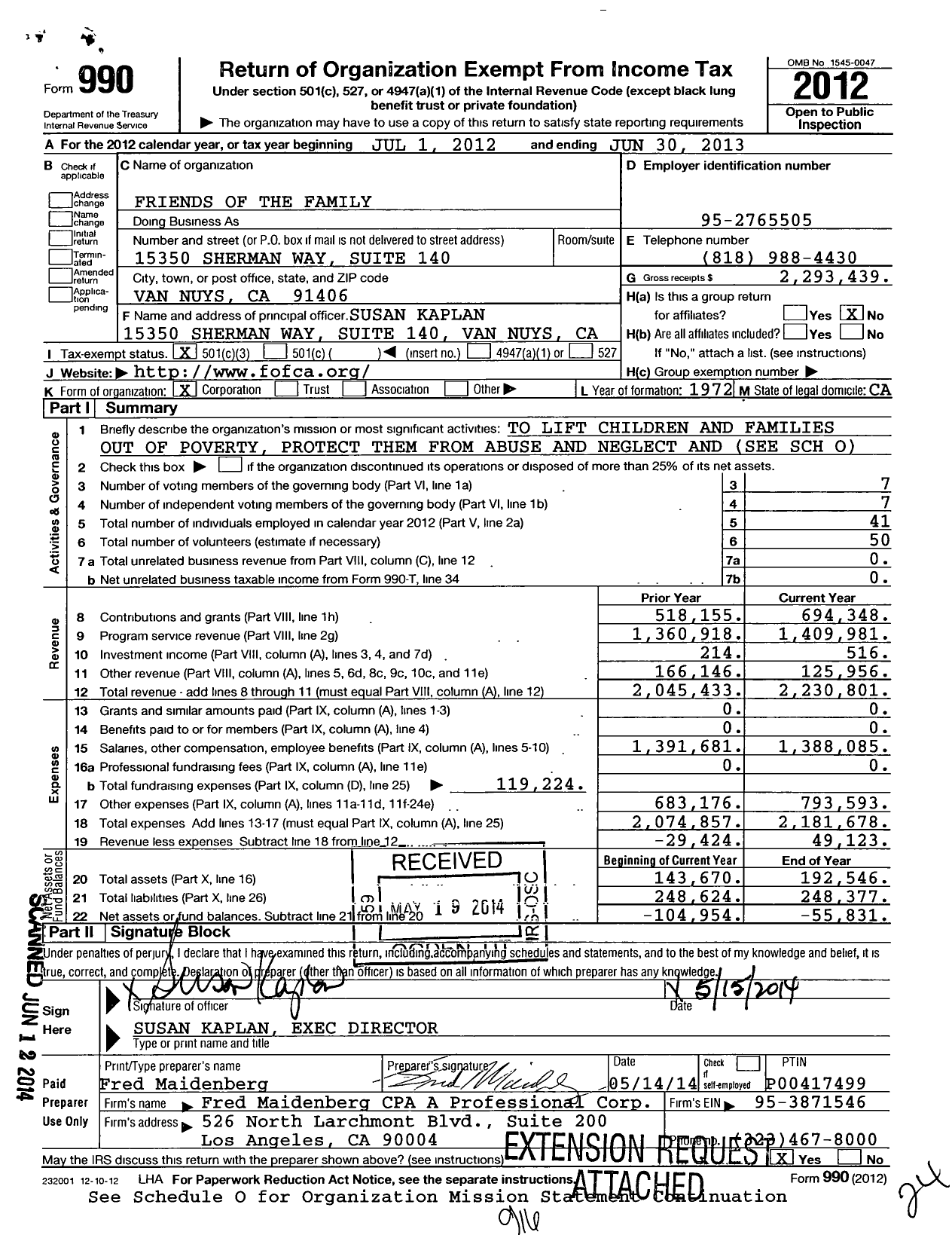 Image of first page of 2012 Form 990 for Friends of the Family (FOF)