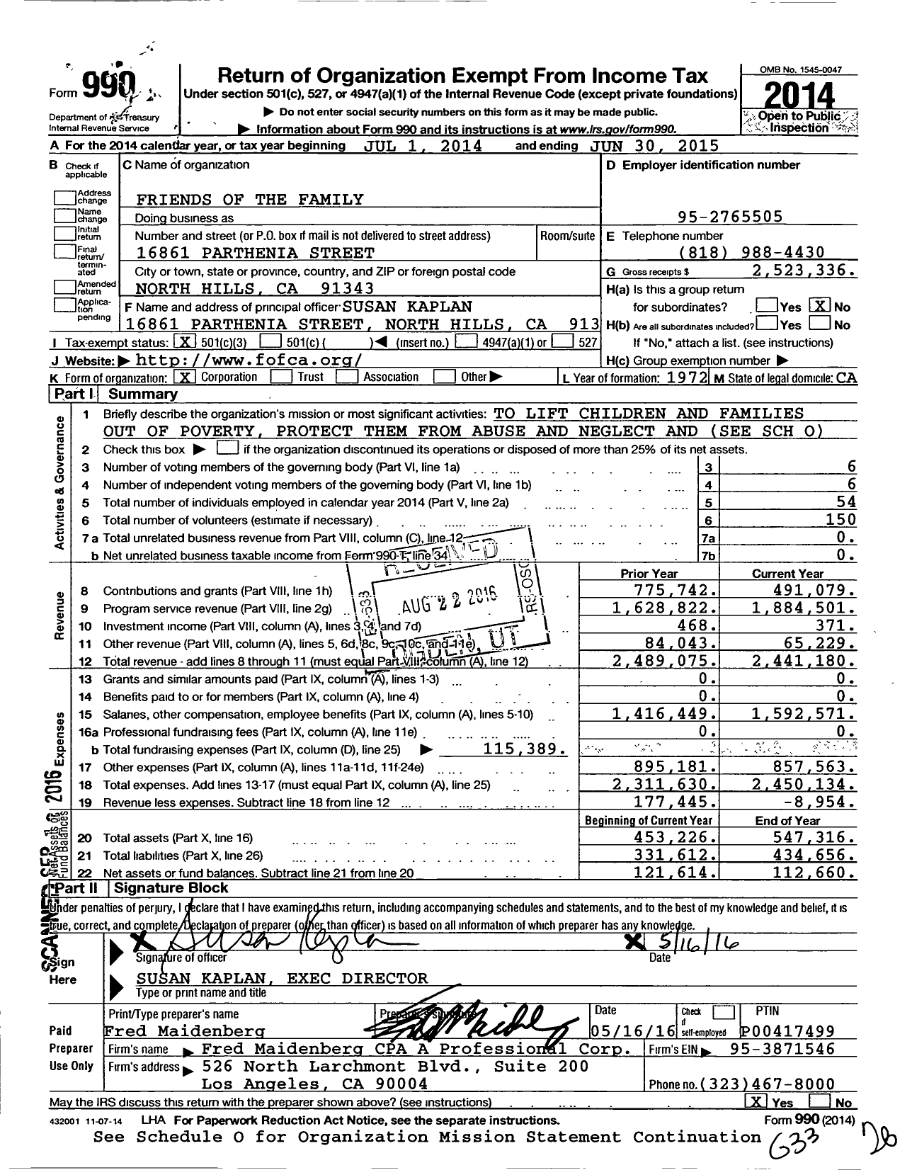 Image of first page of 2014 Form 990 for Friends of the Family (FOF)