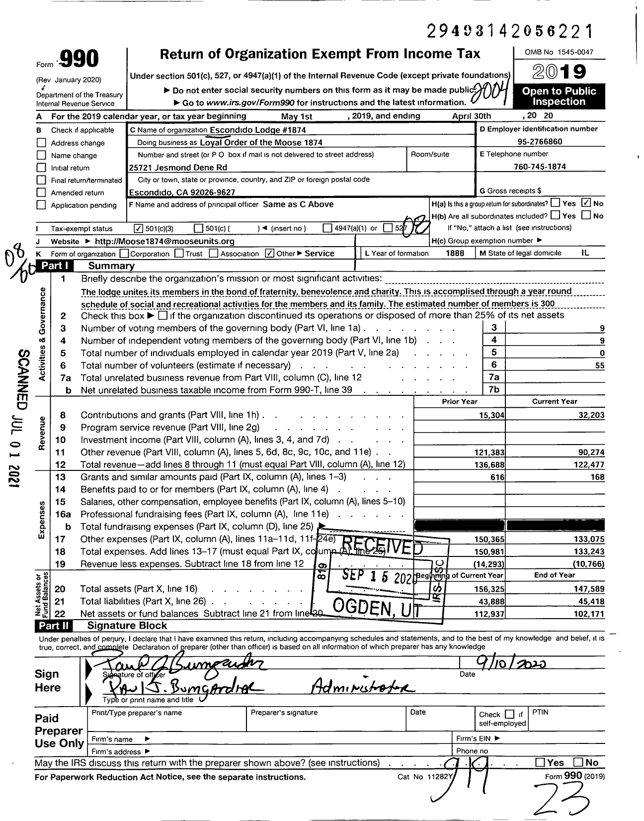 Image of first page of 2019 Form 990O for Escondido Lodge No 1874 Loyal Order of Moose