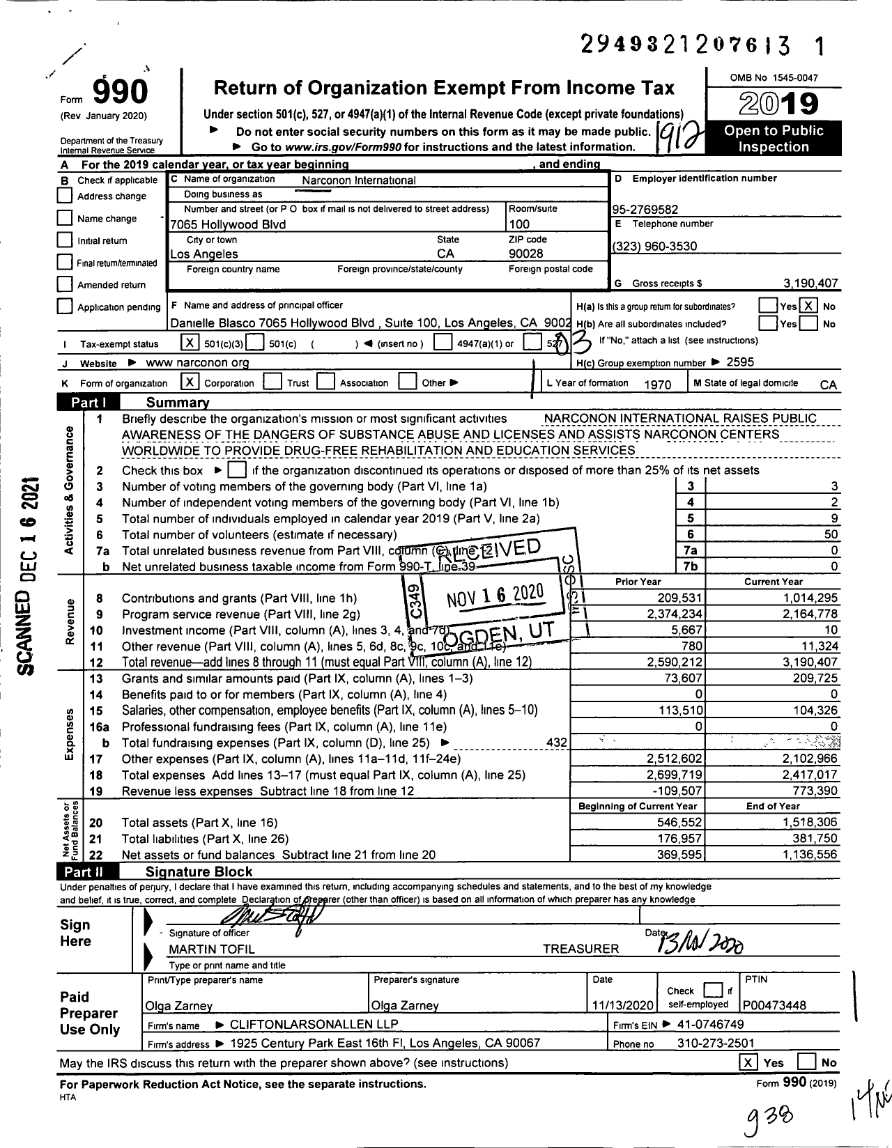 Image of first page of 2019 Form 990 for Narconon