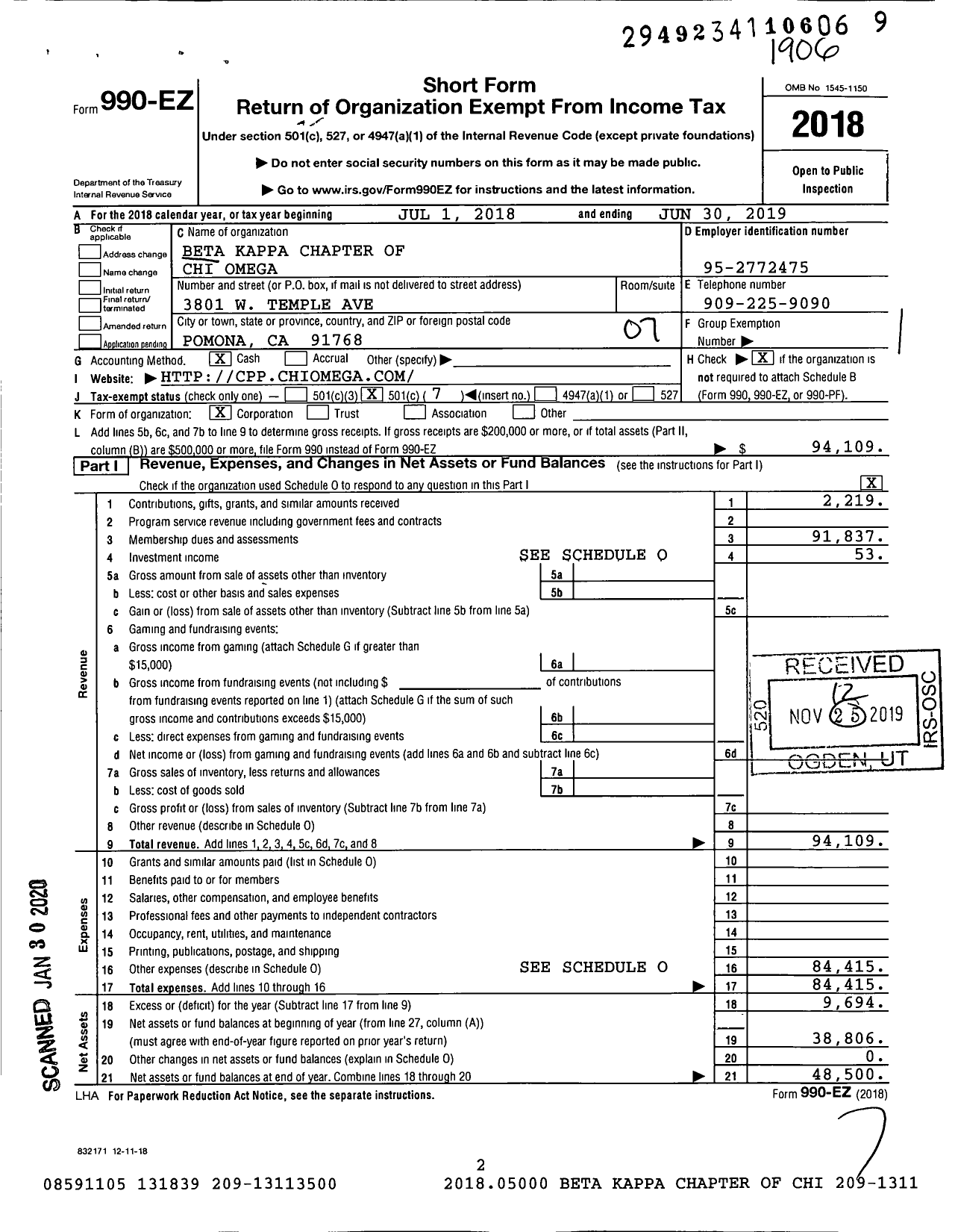 Image of first page of 2018 Form 990EO for Chi Omega Fraternity - Beta Kappa Chapter