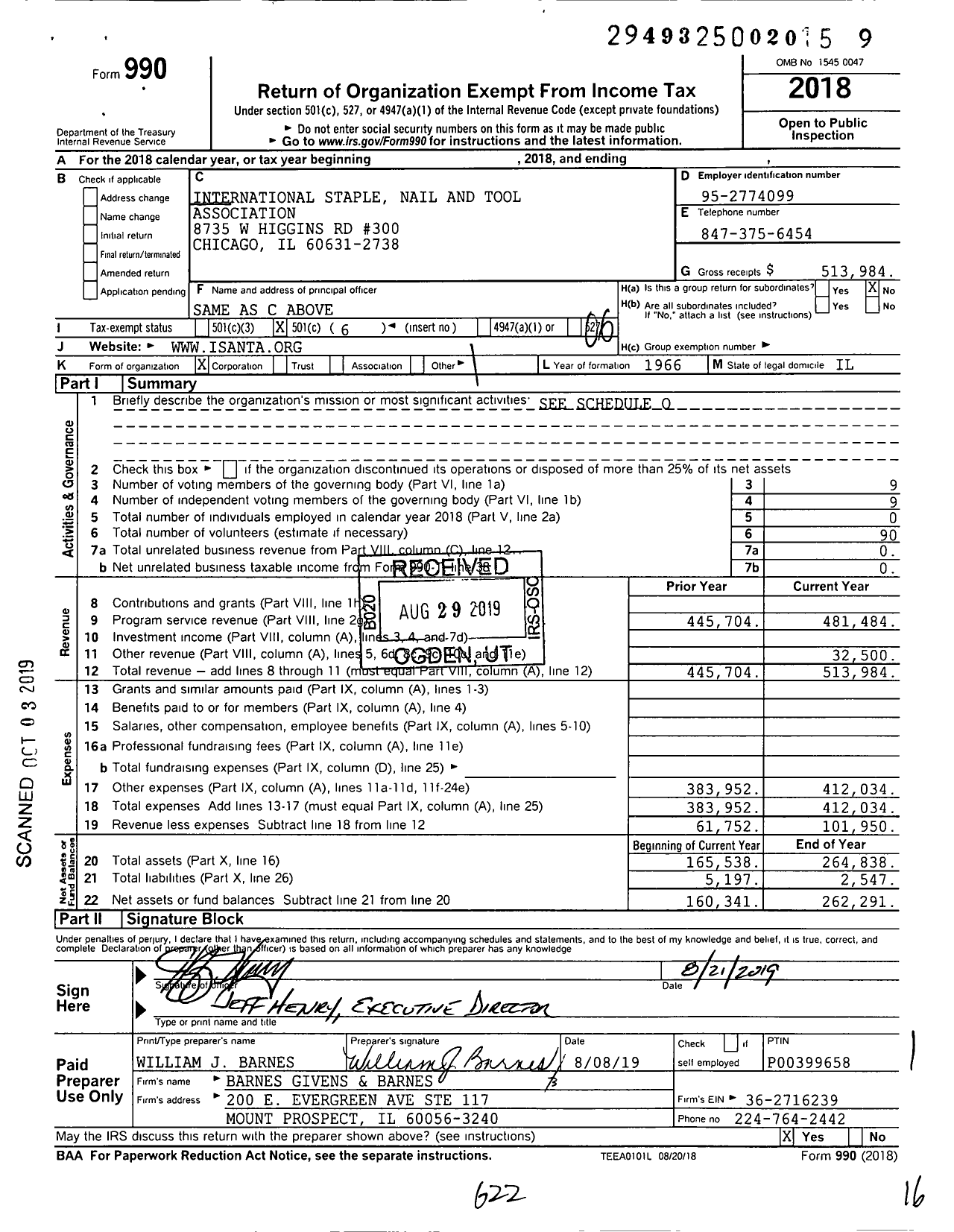 Image of first page of 2018 Form 990O for International Staple Nail and Tool Association