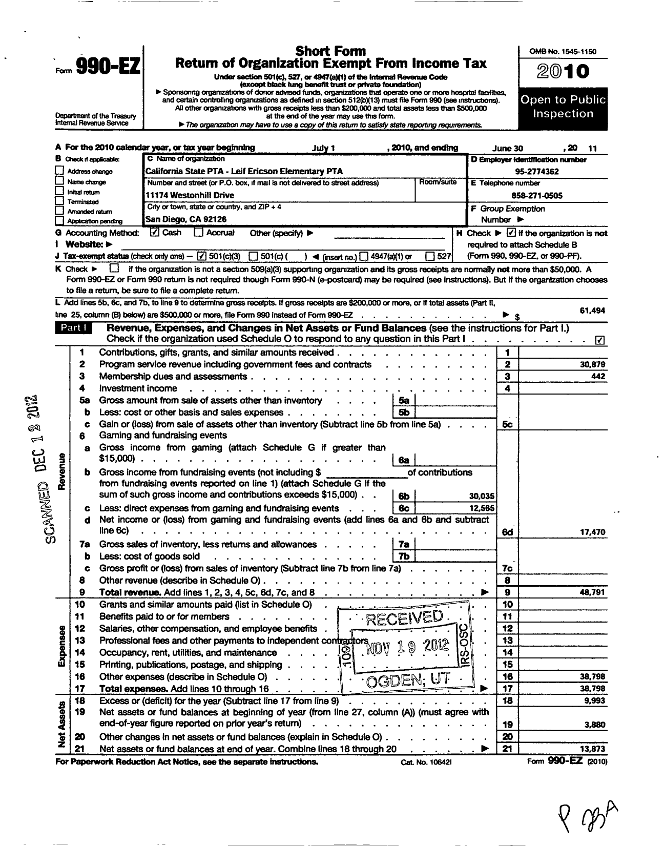 Image of first page of 2010 Form 990EZ for California State PTA - Leif Ericson Elementary PTA