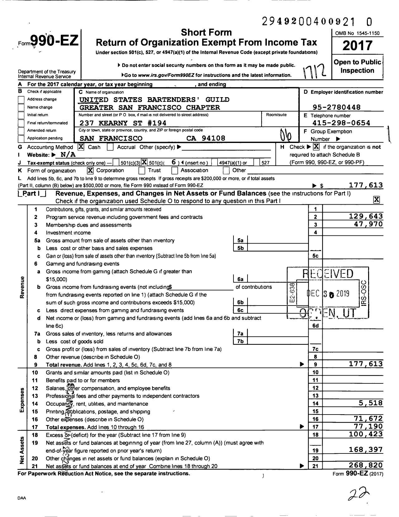 Image of first page of 2017 Form 990EO for USBG San Francisco Chapter