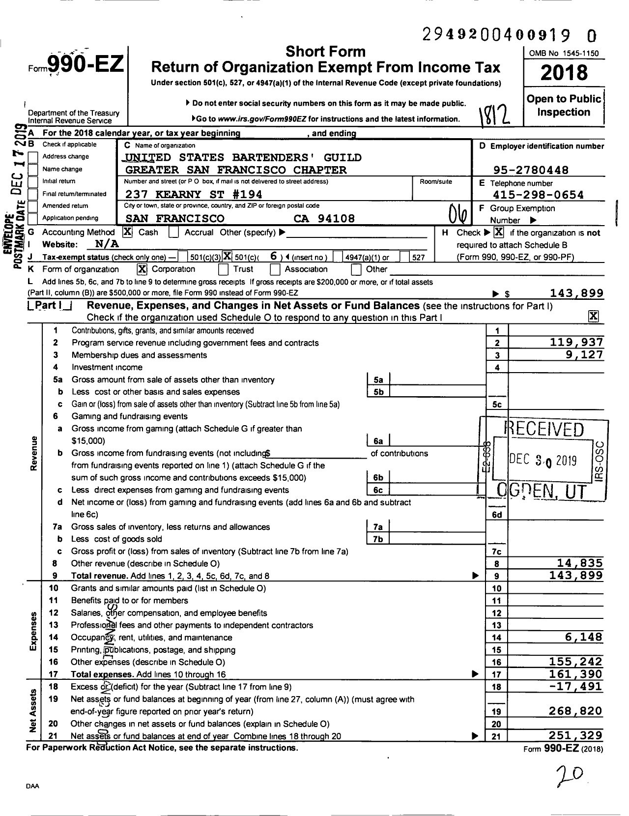 Image of first page of 2018 Form 990EO for USBG San Francisco Chapter