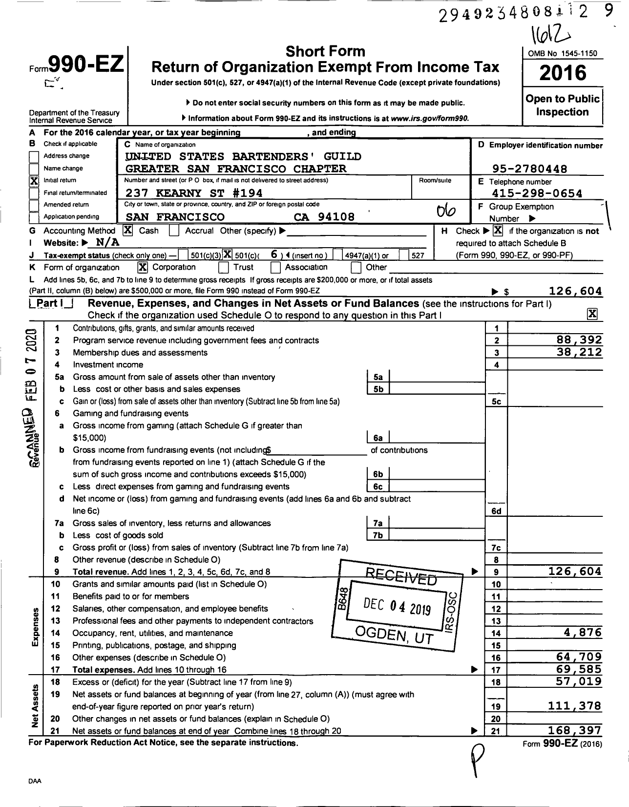 Image of first page of 2016 Form 990EO for USBG San Francisco Chapter