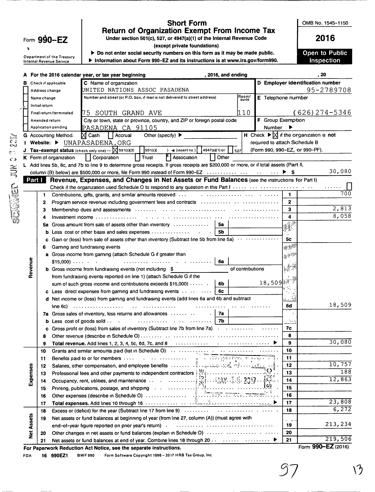 Image of first page of 2016 Form 990EZ for United Nations Association-Usa Pasadena Chapter