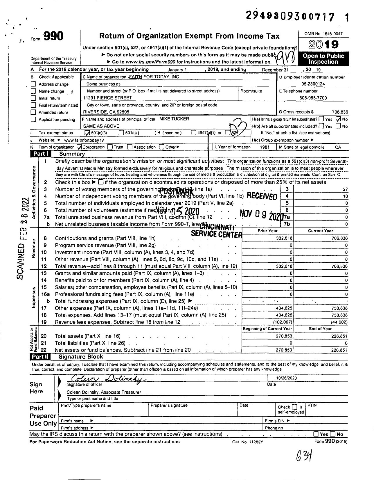 Image of first page of 2019 Form 990 for Faith for Today