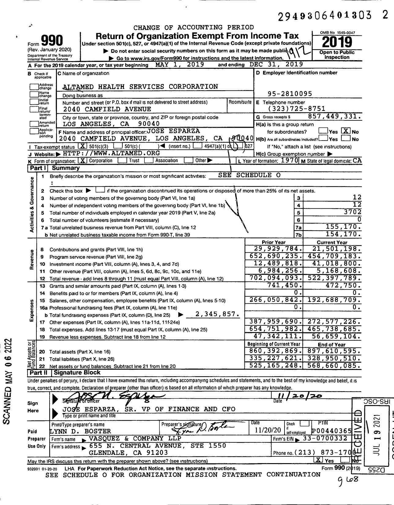 Image of first page of 2019 Form 990 for AltaMed Health Services Corporation