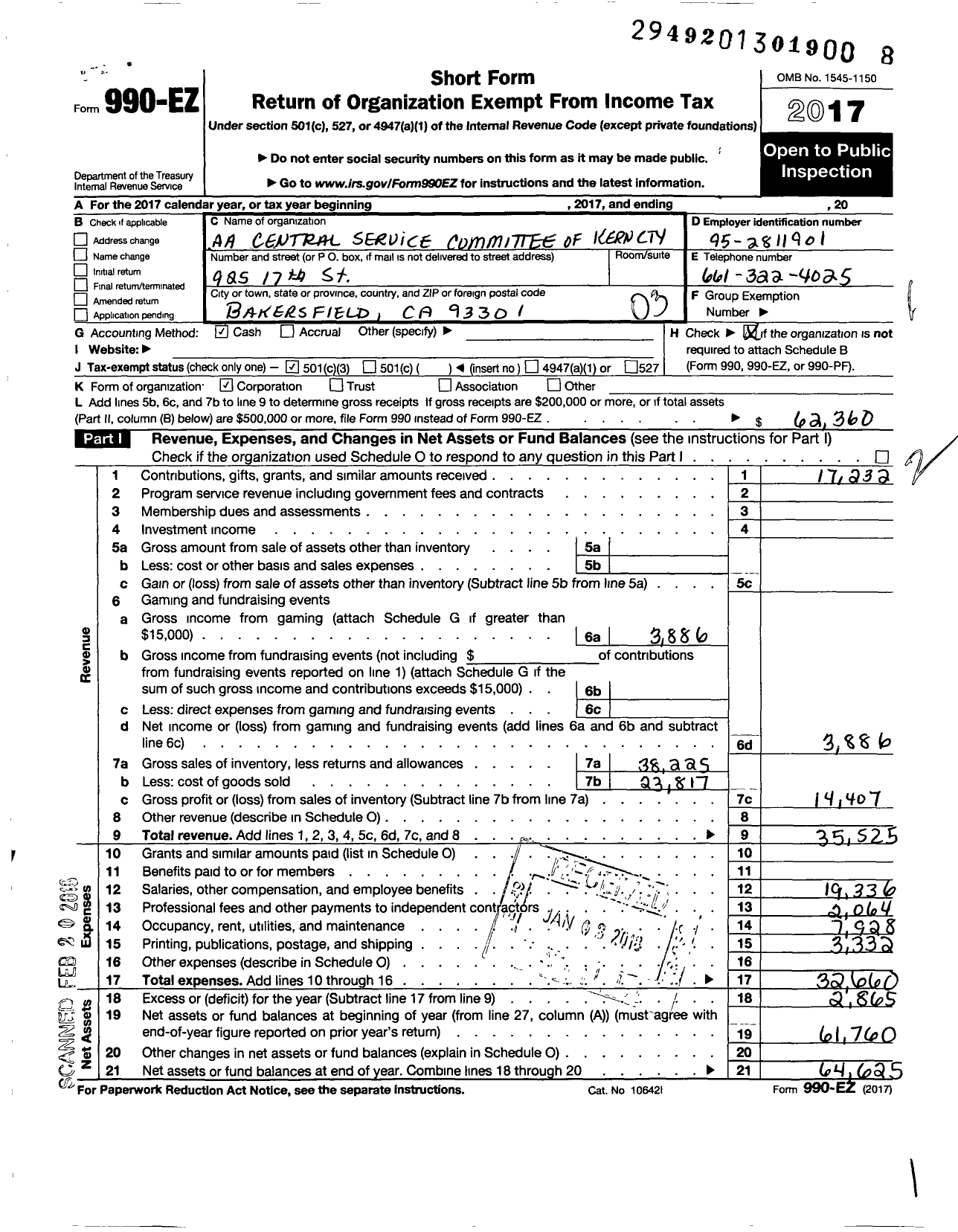 Image of first page of 2017 Form 990EZ for Aa Central Service Committee of Kern
