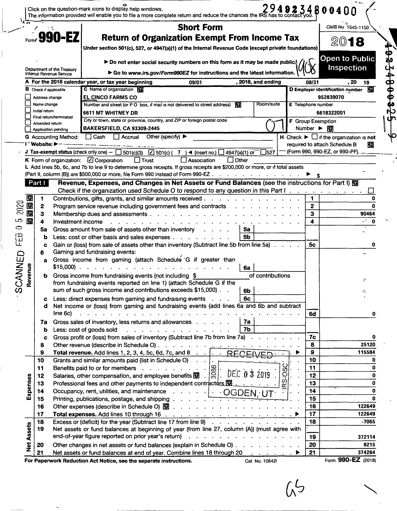 Image of first page of 2018 Form 990EO for El Cinco Farms Co