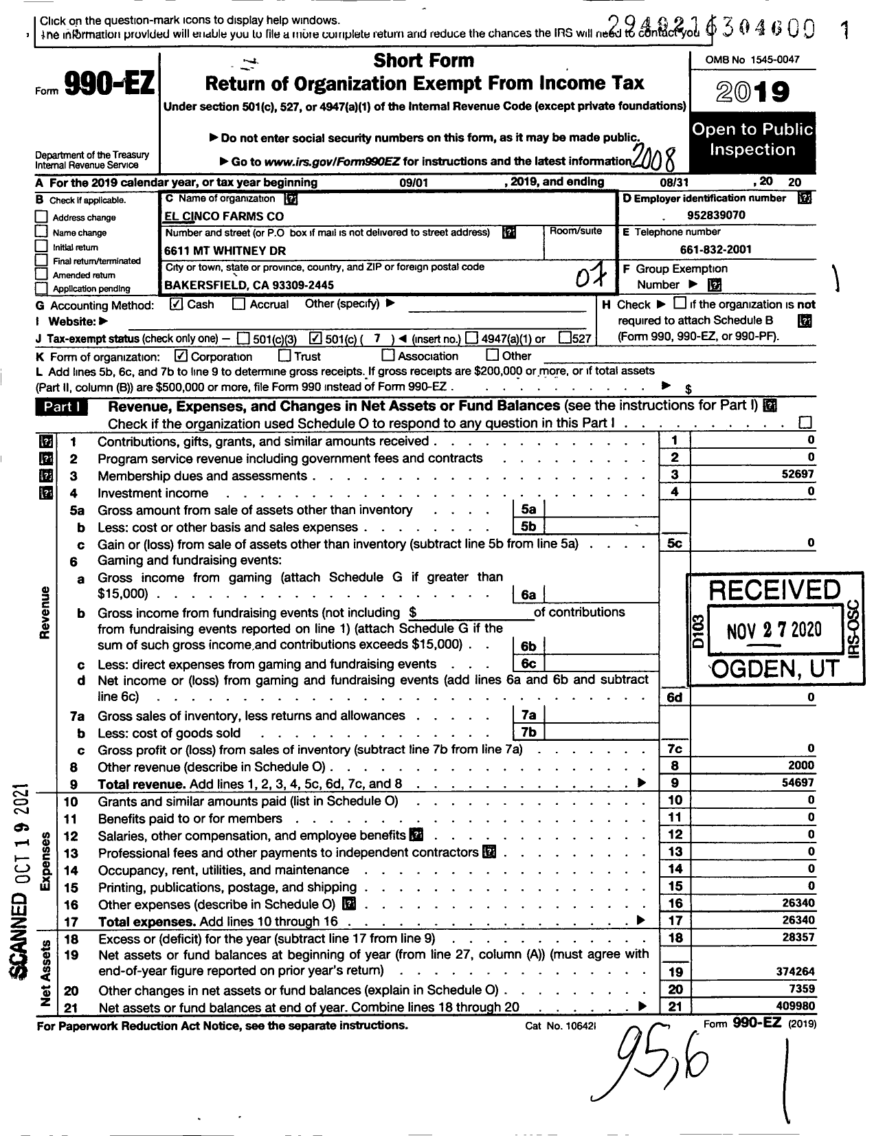 Image of first page of 2019 Form 990EO for El Cinco Farms Co