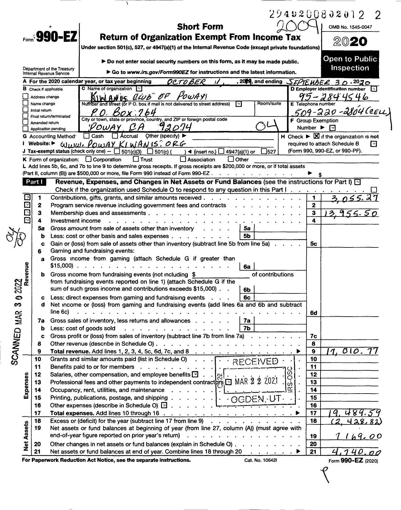 Image of first page of 2019 Form 990EO for Kiwanis International - K07291 Poway