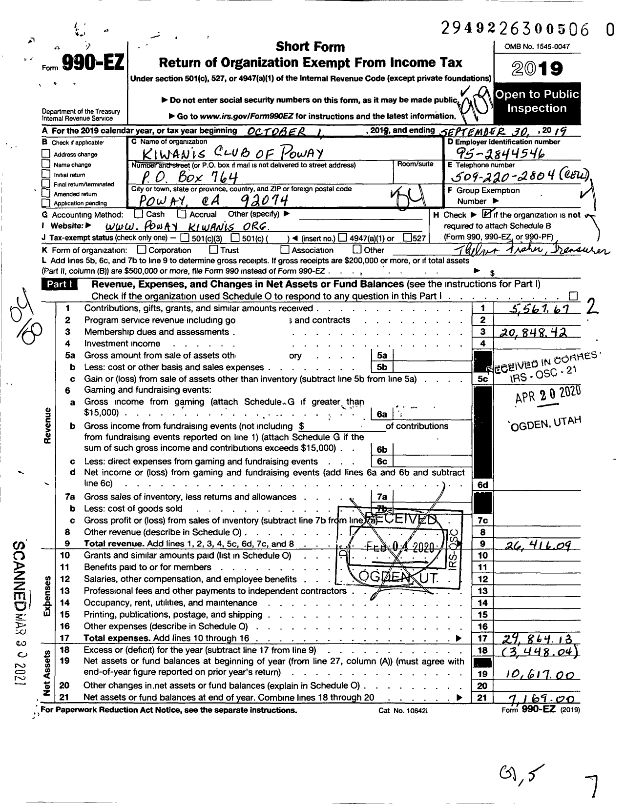 Image of first page of 2018 Form 990EO for Kiwanis International - K07291 Poway