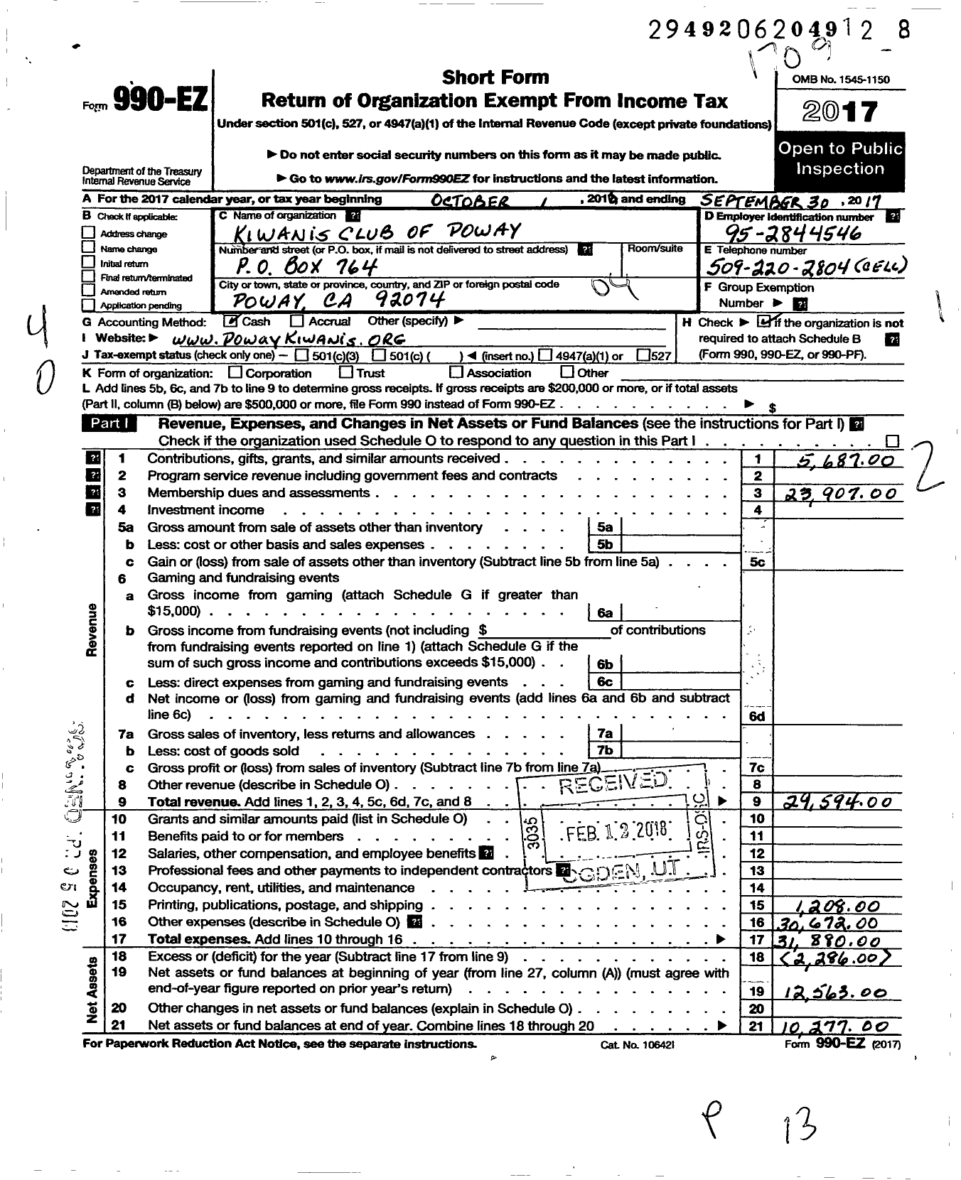 Image of first page of 2016 Form 990EO for Kiwanis International - K07291 Poway