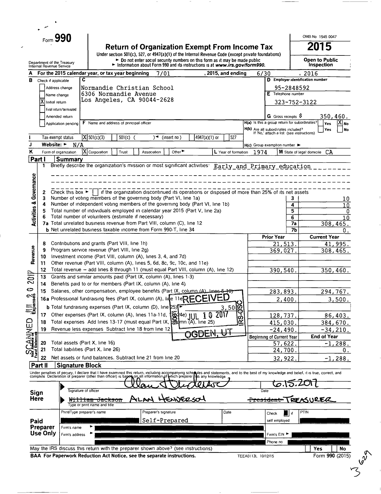 Image of first page of 2015 Form 990 for Normandie Christian School