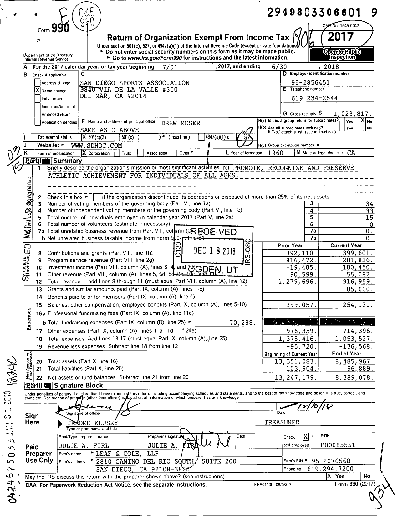 Image of first page of 2017 Form 990 for San Diego Sports Association