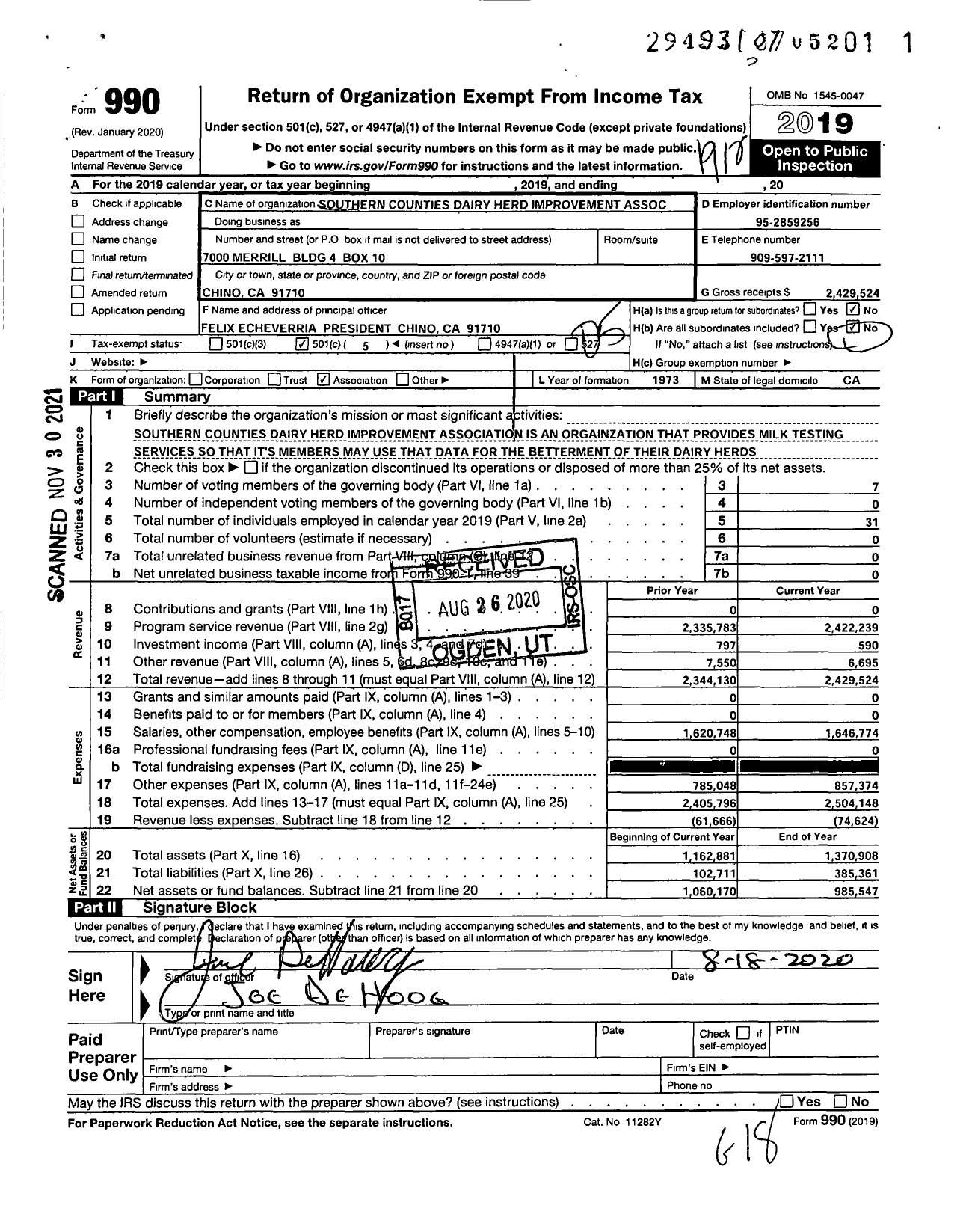 Image of first page of 2019 Form 990O for Southern Counties Dairy Herd Improvement Association