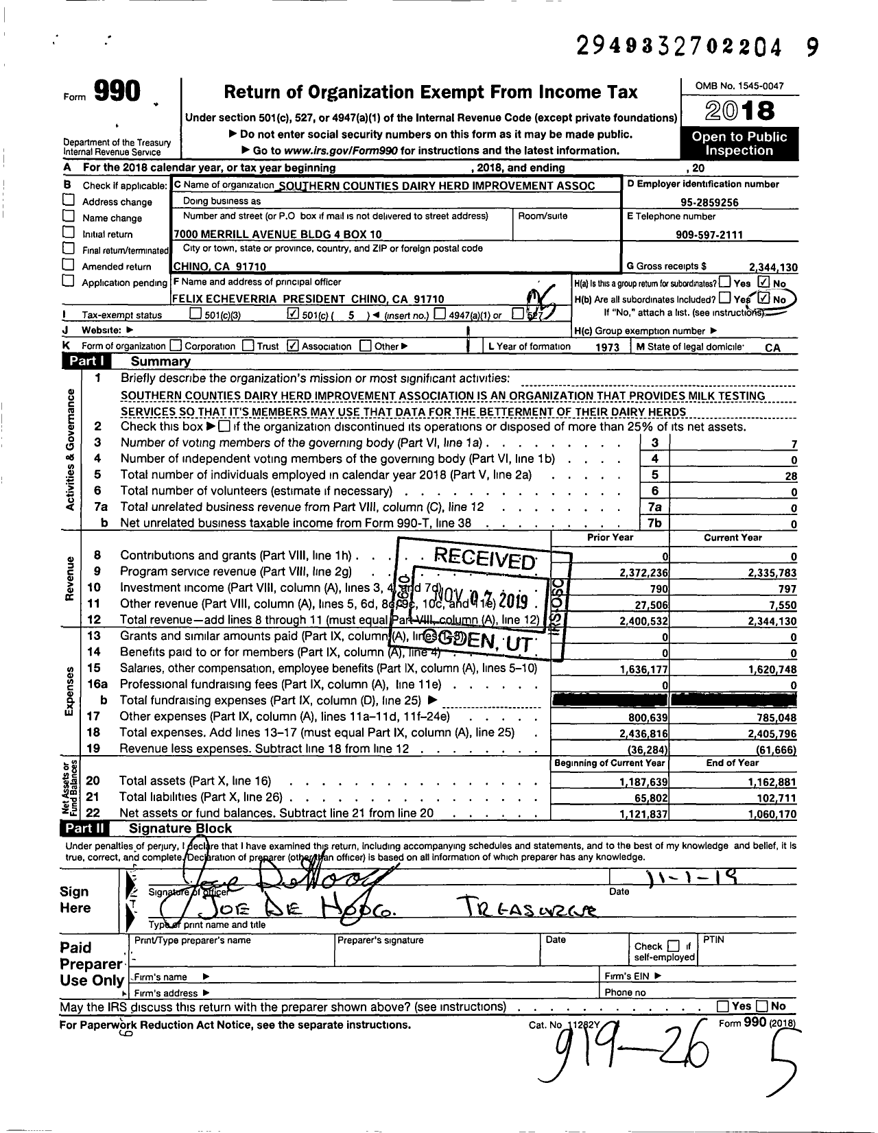 Image of first page of 2018 Form 990O for Southern Counties Dairy Herd Improvement Association