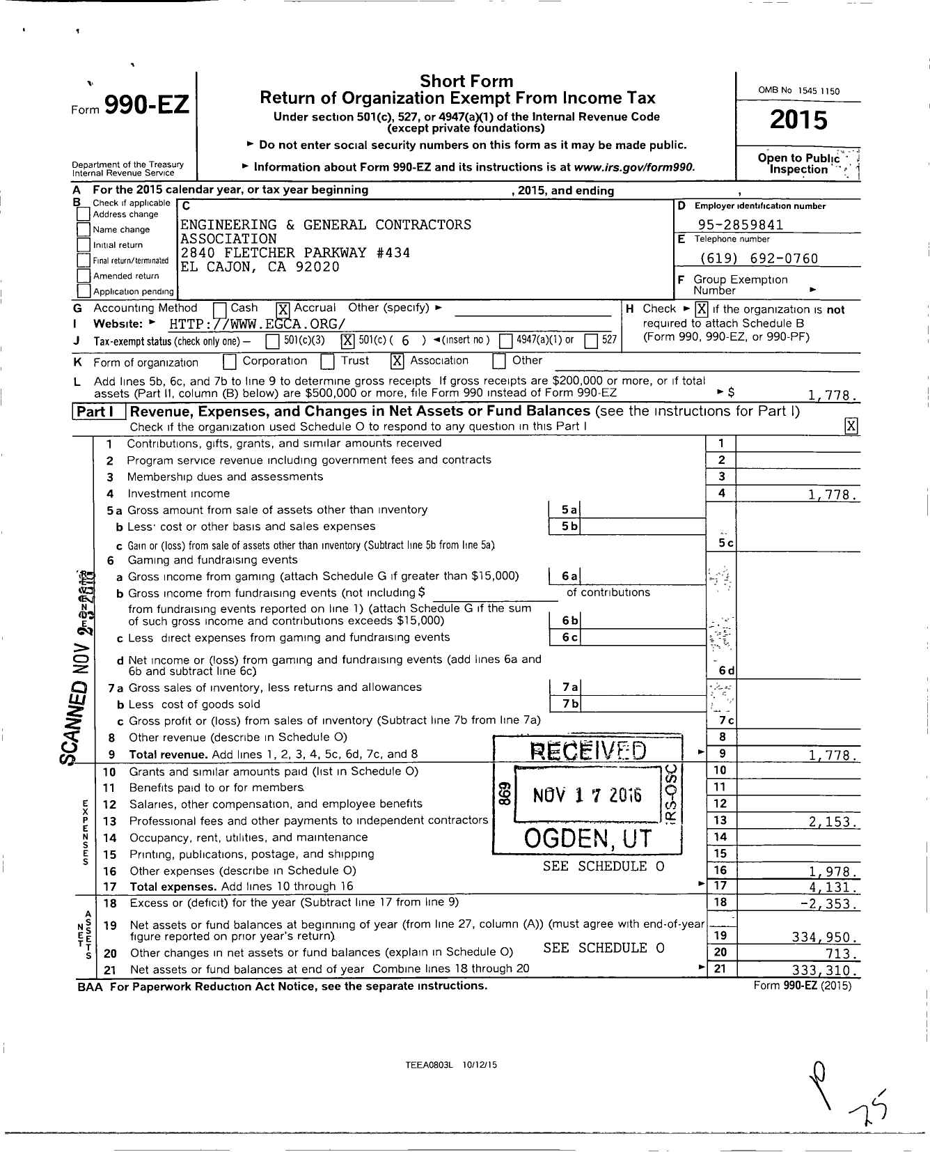 Image of first page of 2015 Form 990EO for Engineering and General Contractors Association