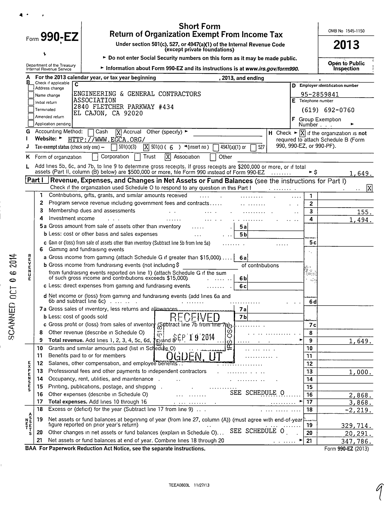 Image of first page of 2013 Form 990EO for Engineering and General Contractors Association