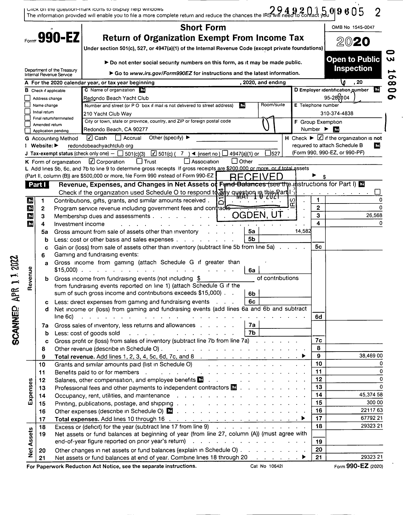 Image of first page of 2020 Form 990EO for Redondo Beach Yacht Club