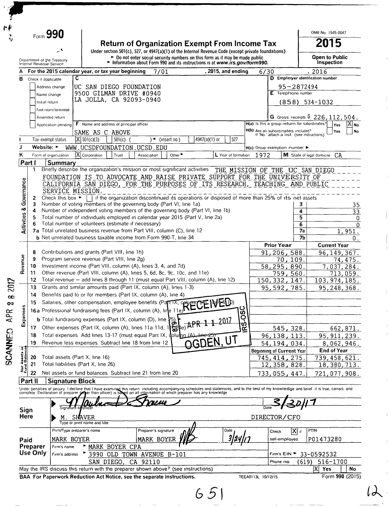 Image of first page of 2015 Form 990 for Uc San Diego Foundation