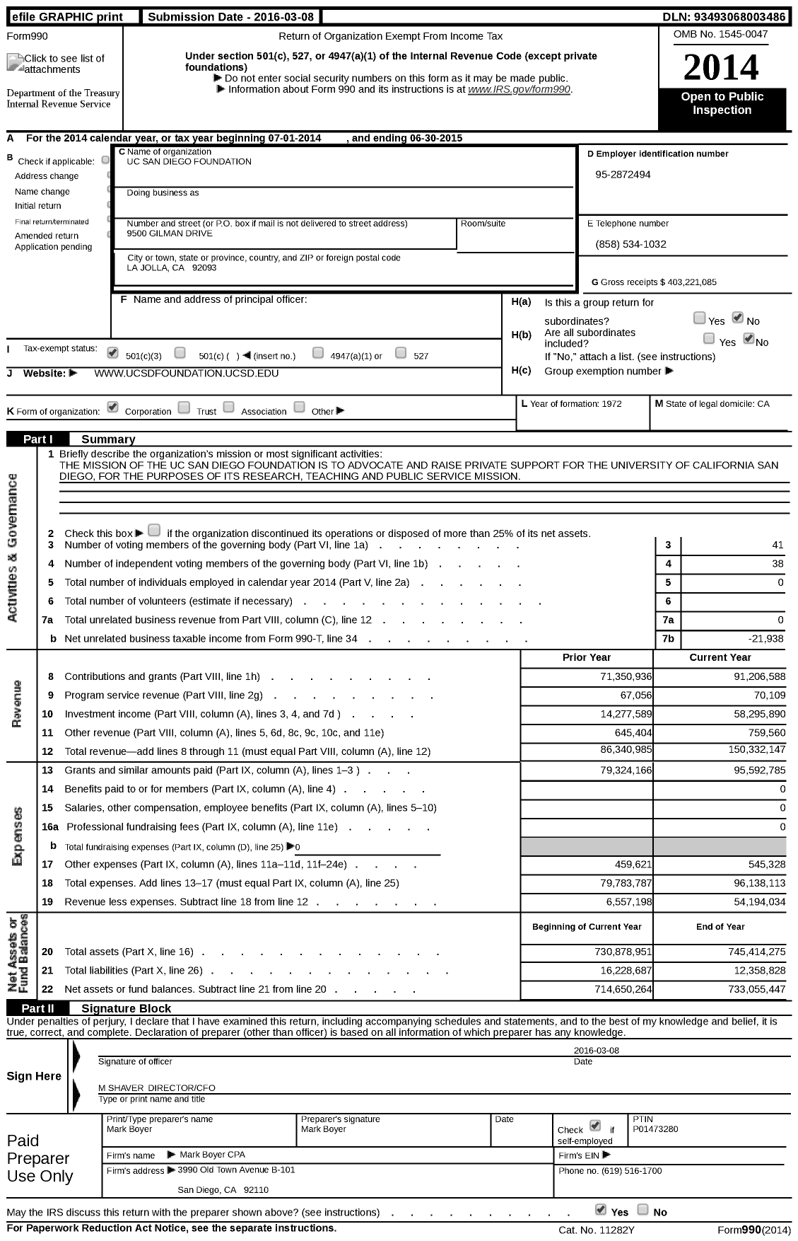 Image of first page of 2014 Form 990 for Uc San Diego Foundation