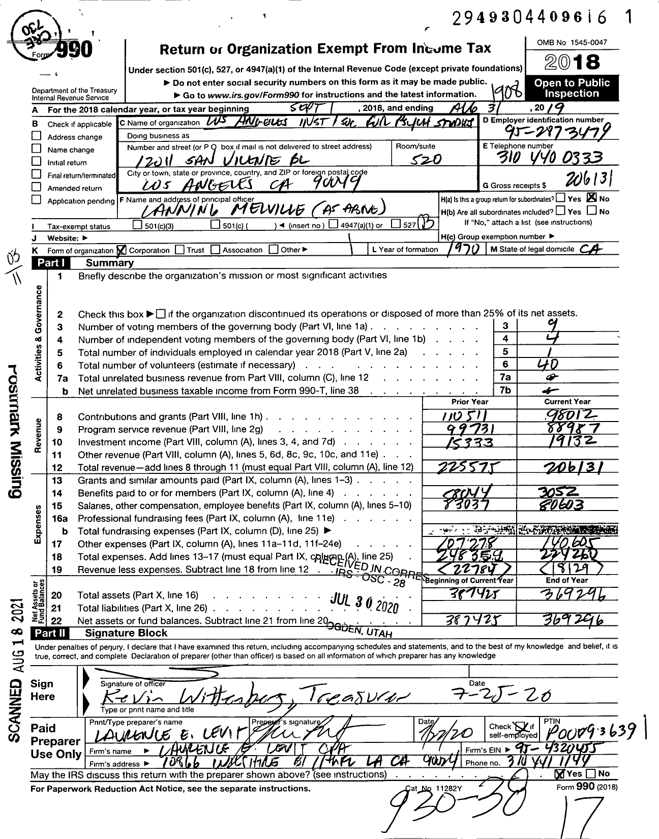 Image of first page of 2018 Form 990 for Los Angeles Institute and Society for Psych Studies