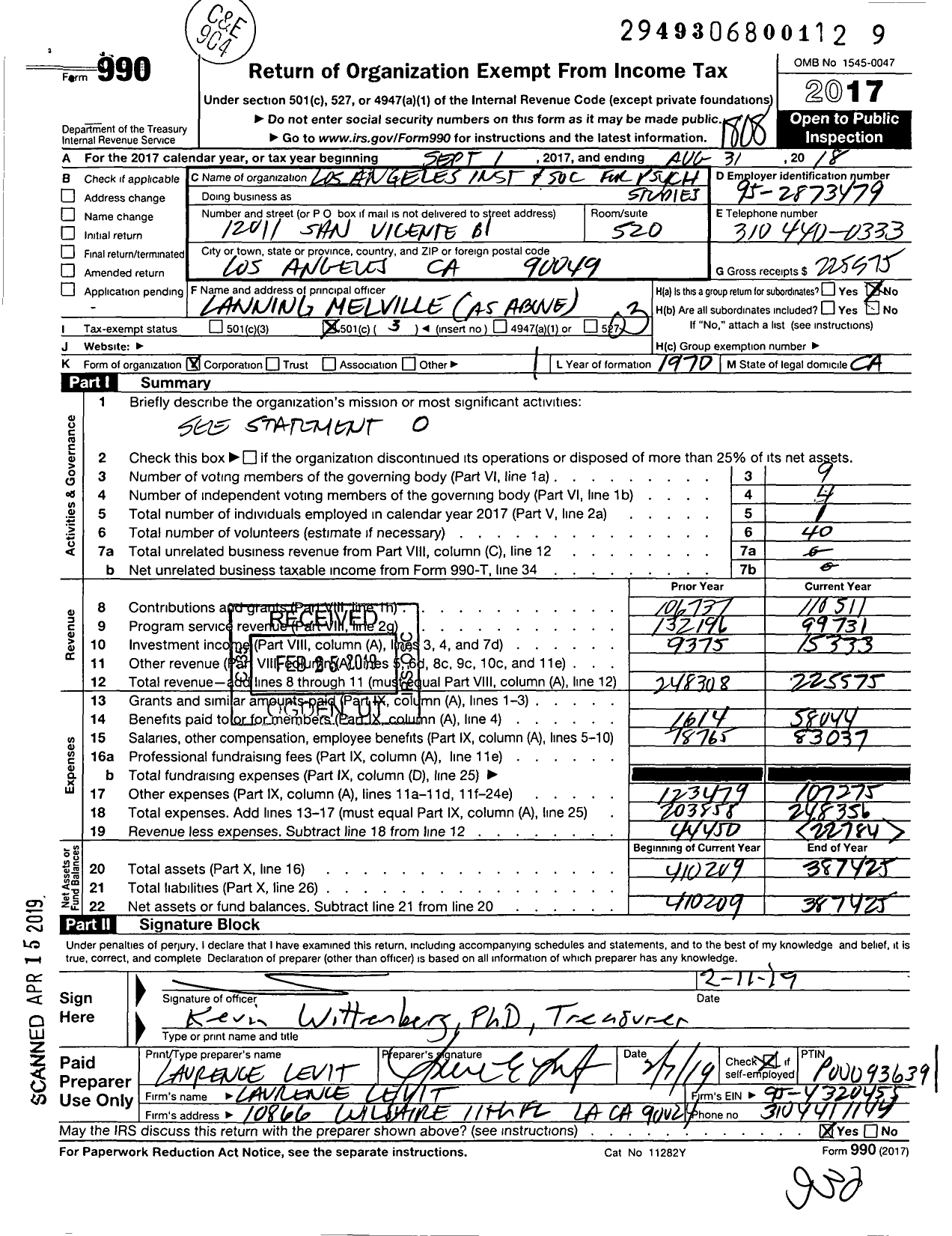 Image of first page of 2017 Form 990 for Los Angeles Institute and Society for Psych Studies