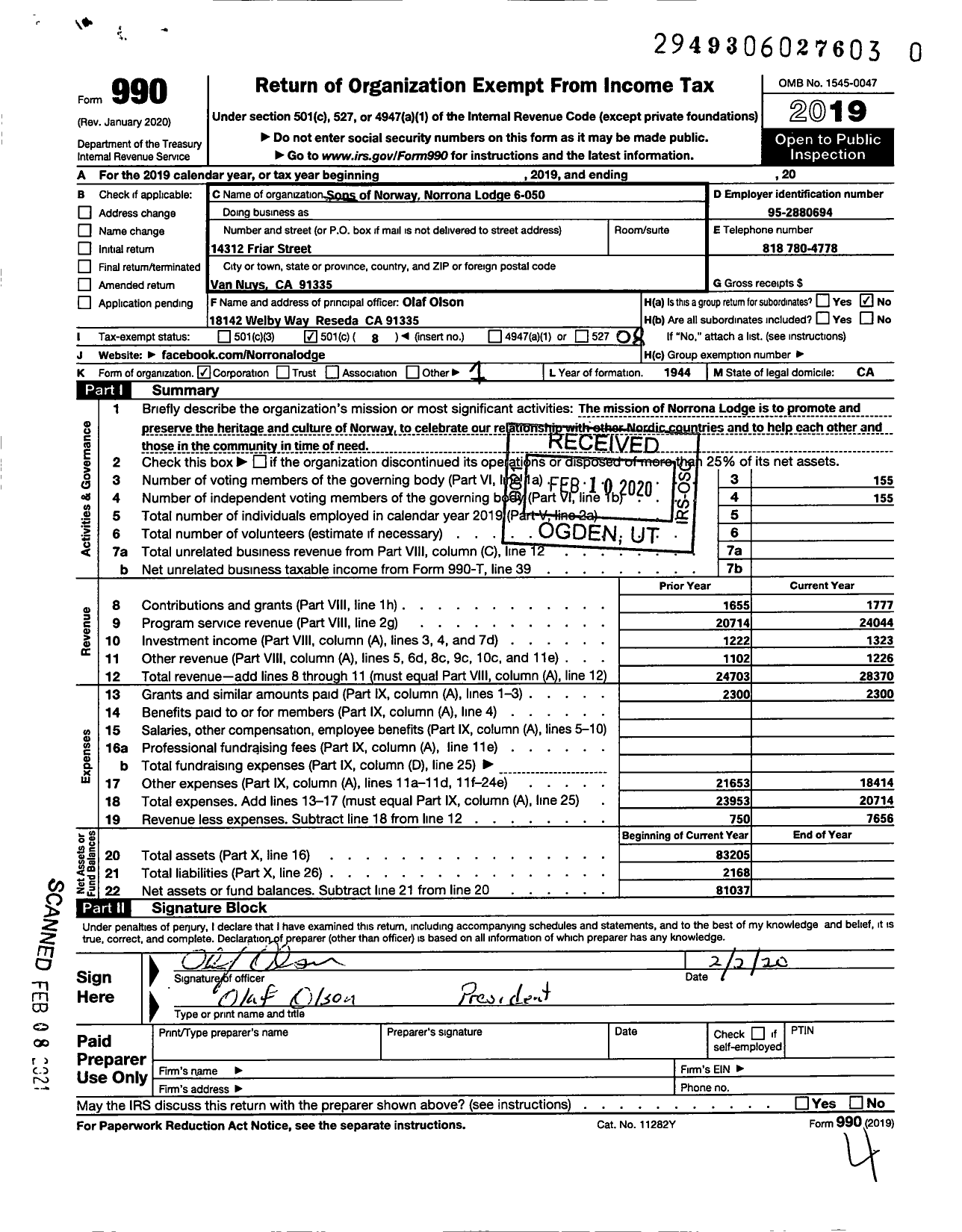 Image of first page of 2019 Form 990O for SONS OF NORWAY - 6-050 Norrona Lodge