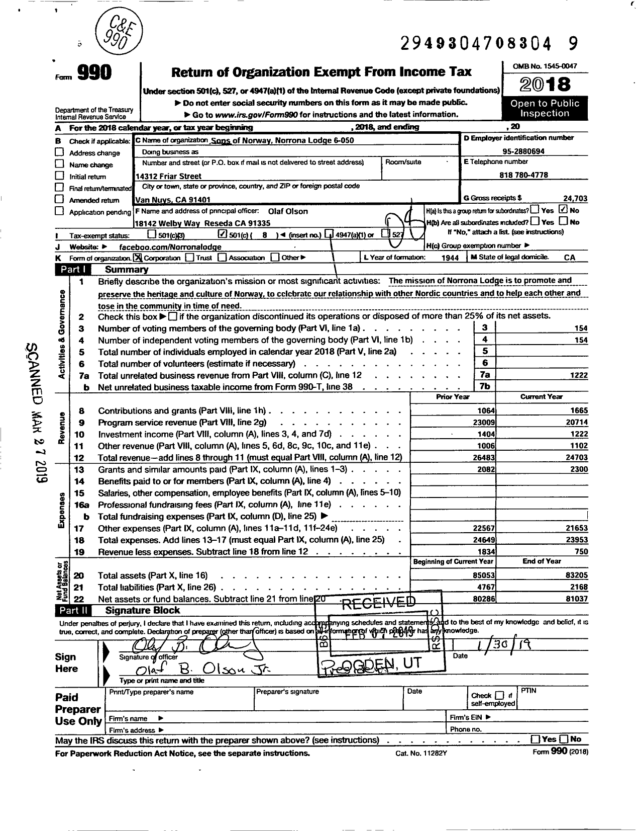 Image of first page of 2018 Form 990O for SONS OF NORWAY - 6-050 Norrona Lodge