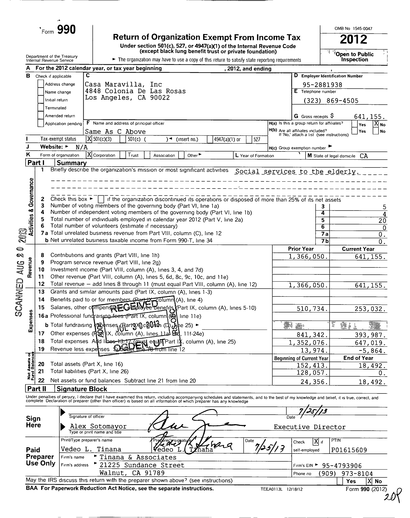 Image of first page of 2012 Form 990 for Casa Maravilla