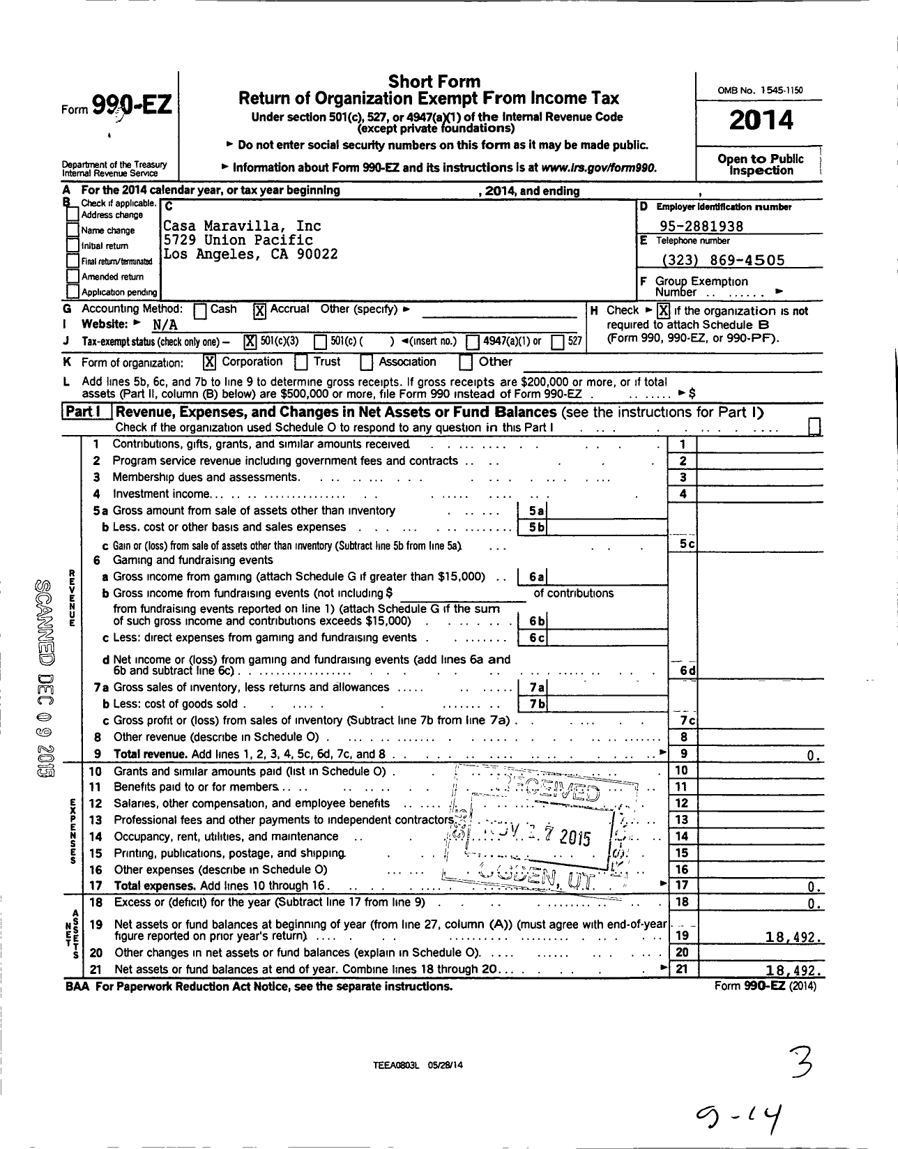 Image of first page of 2014 Form 990EZ for Casa Maravilla