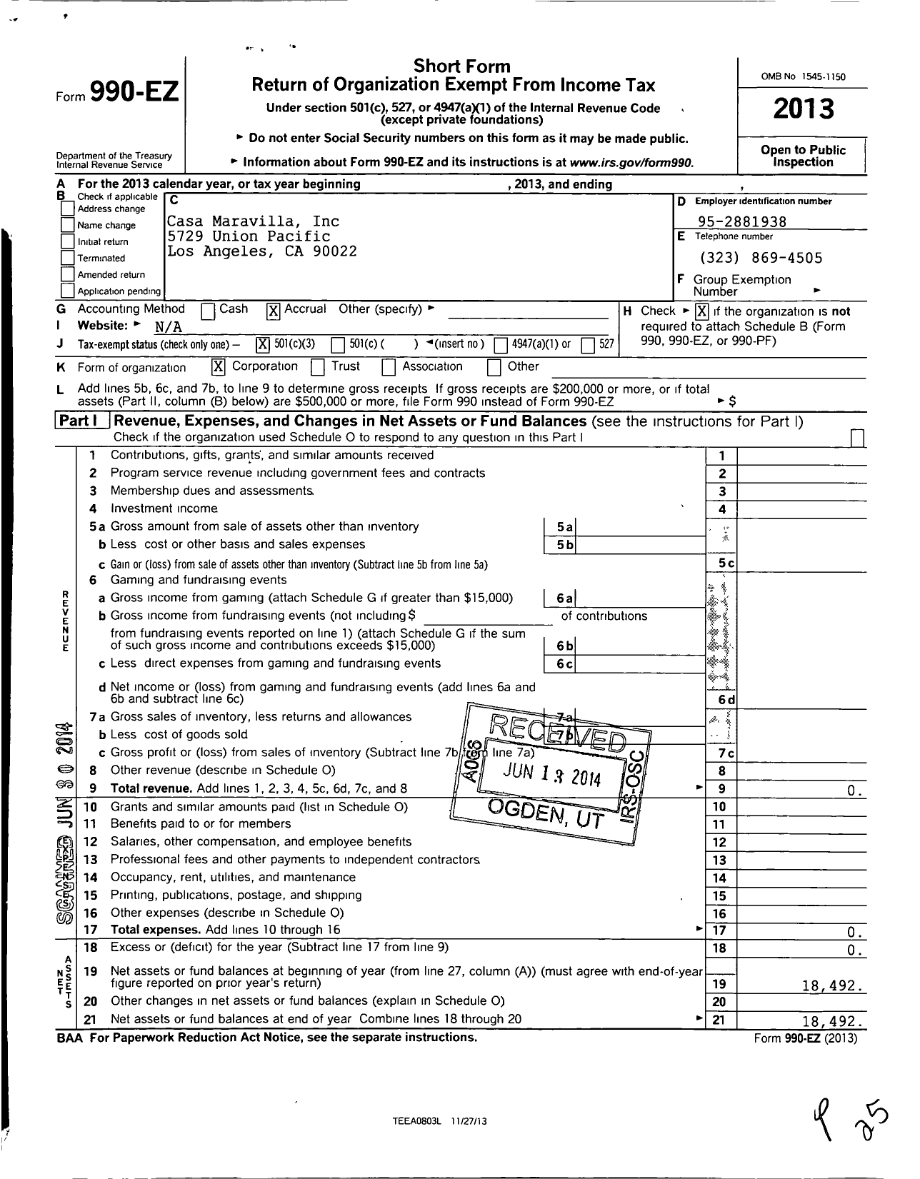 Image of first page of 2013 Form 990EZ for Casa Maravilla