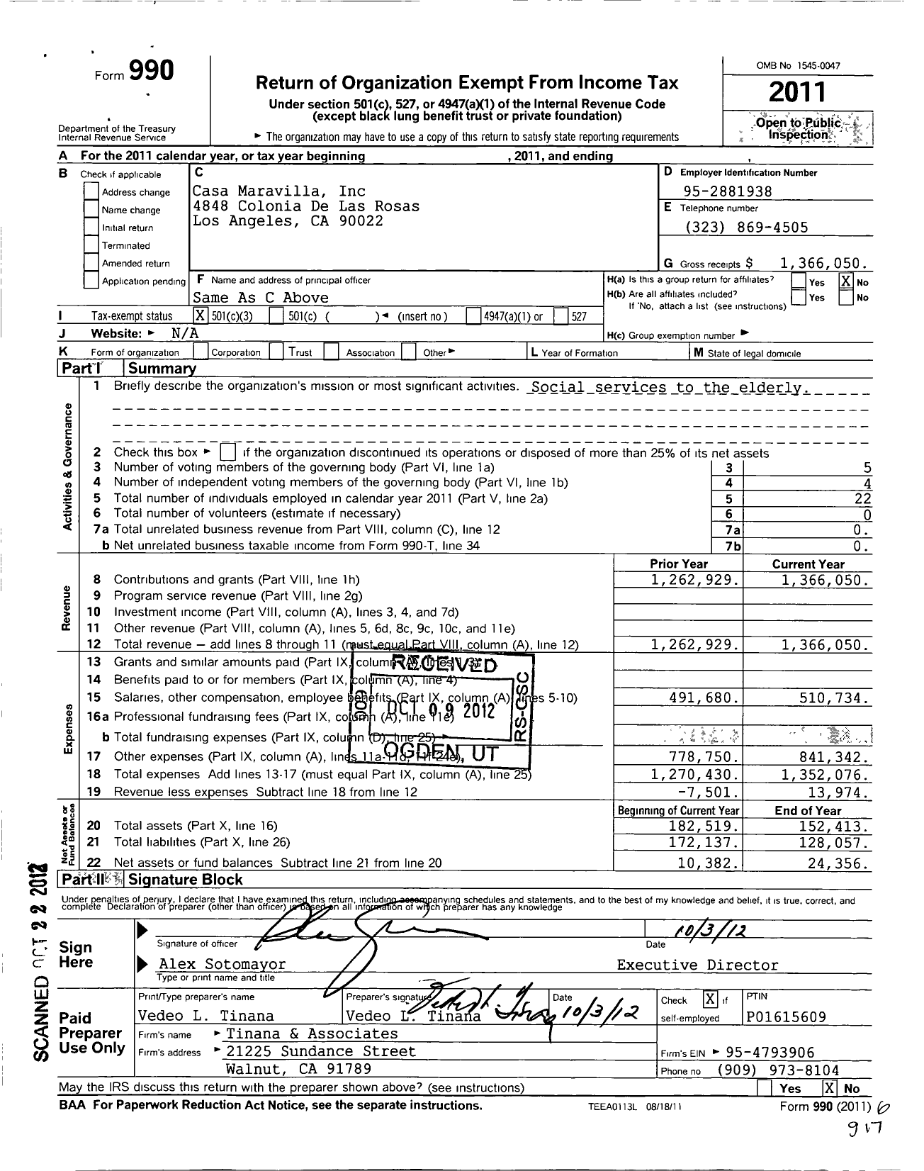 Image of first page of 2011 Form 990 for Casa Maravilla