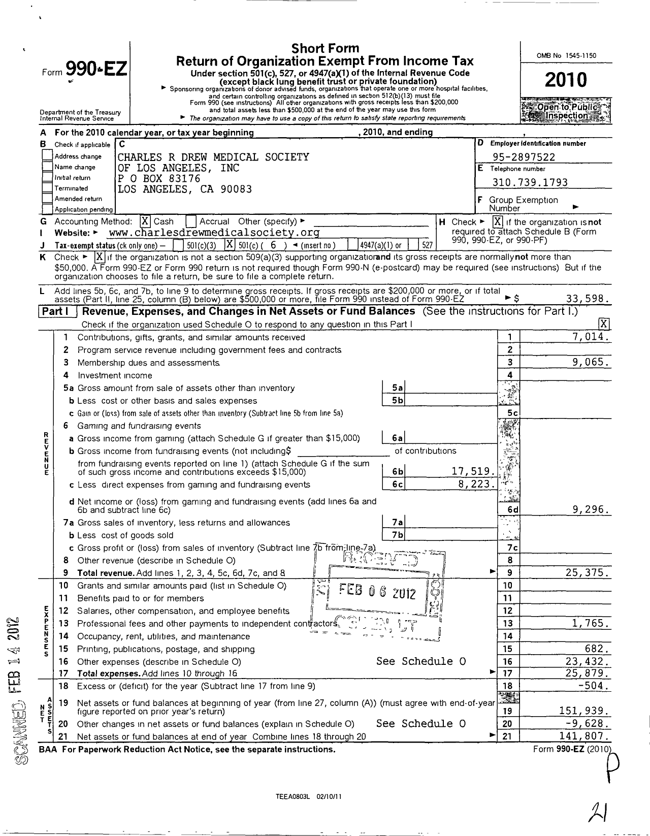 Image of first page of 2010 Form 990EO for Charles R Drew Medical Society of Los Angeles