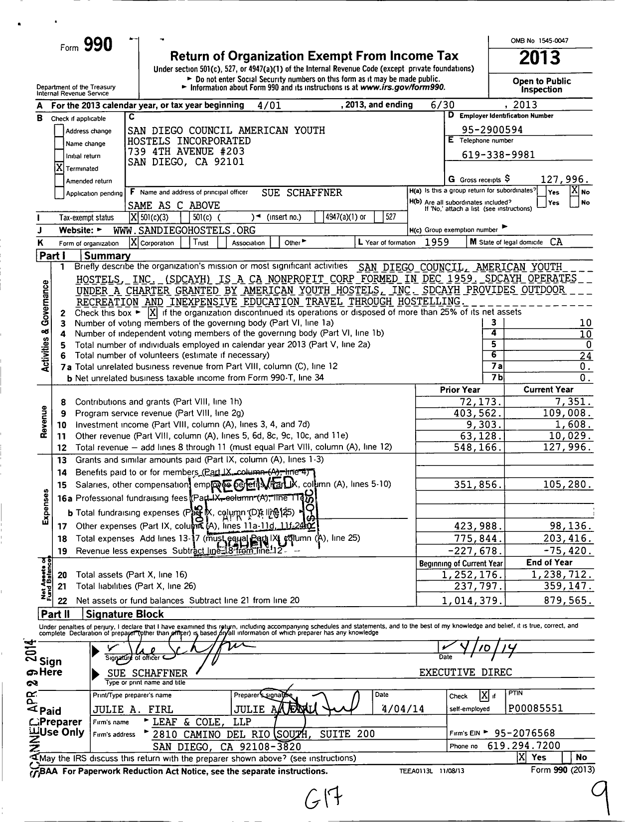 Image of first page of 2012 Form 990 for San Diego Council American Youth