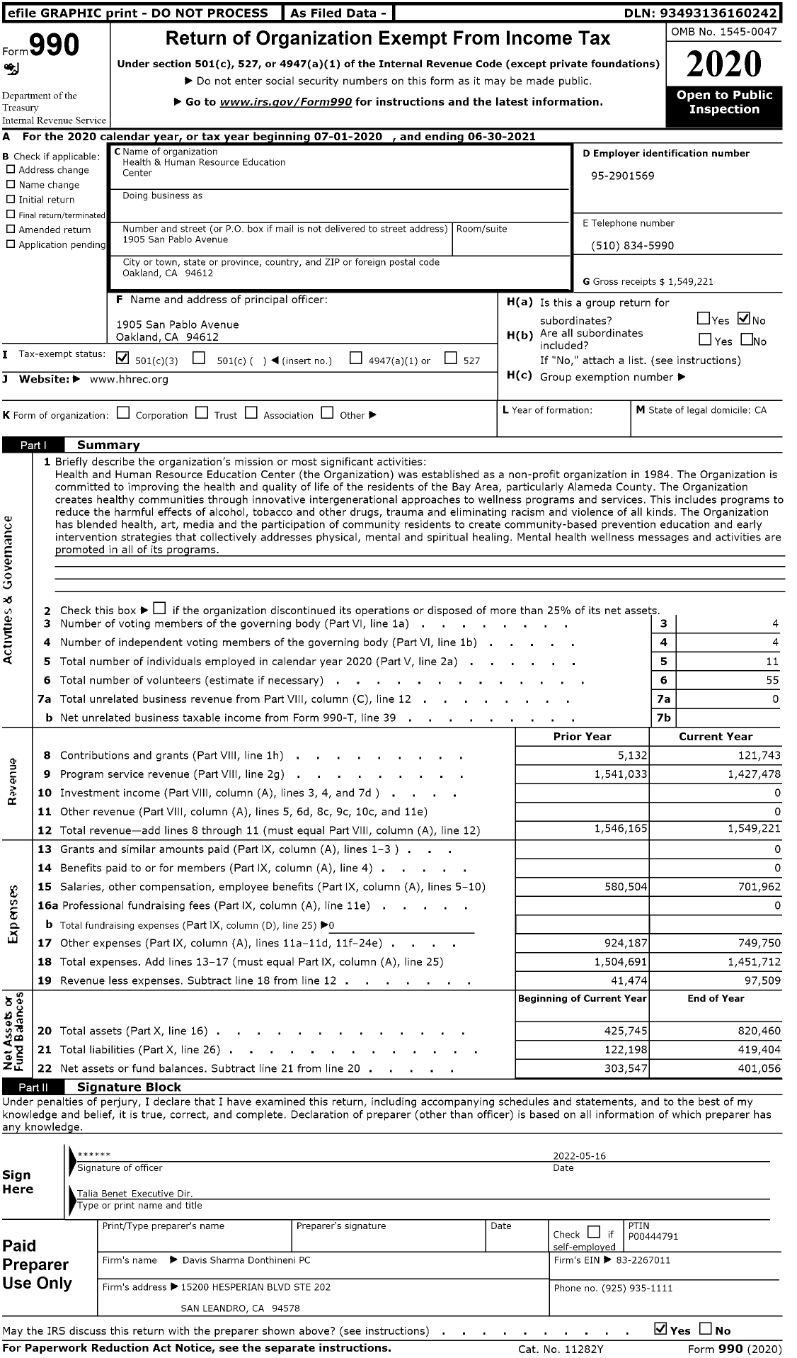 Image of first page of 2020 Form 990 for Health & Human Resource Education Center