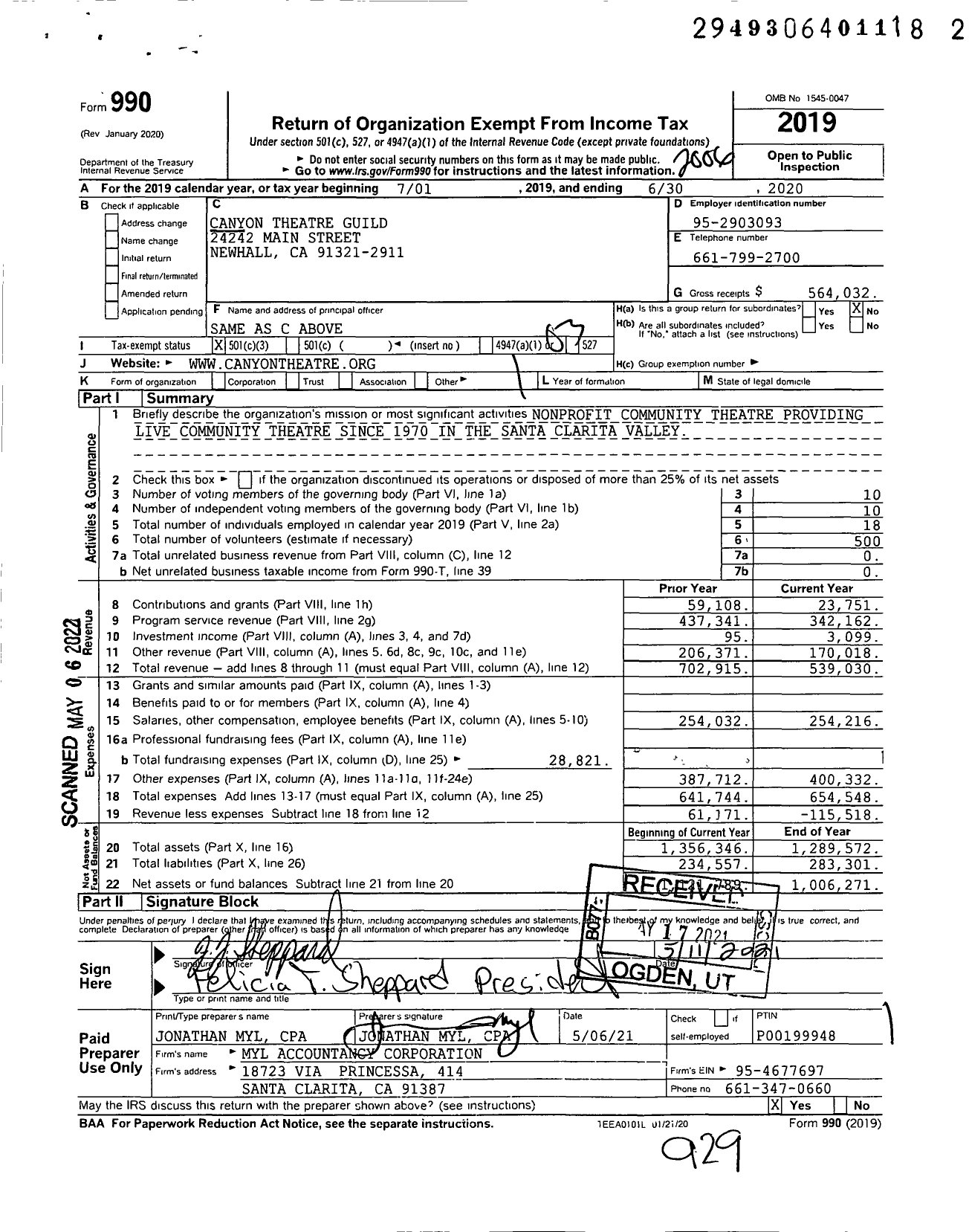 Image of first page of 2019 Form 990 for Canyon Theatre Guild