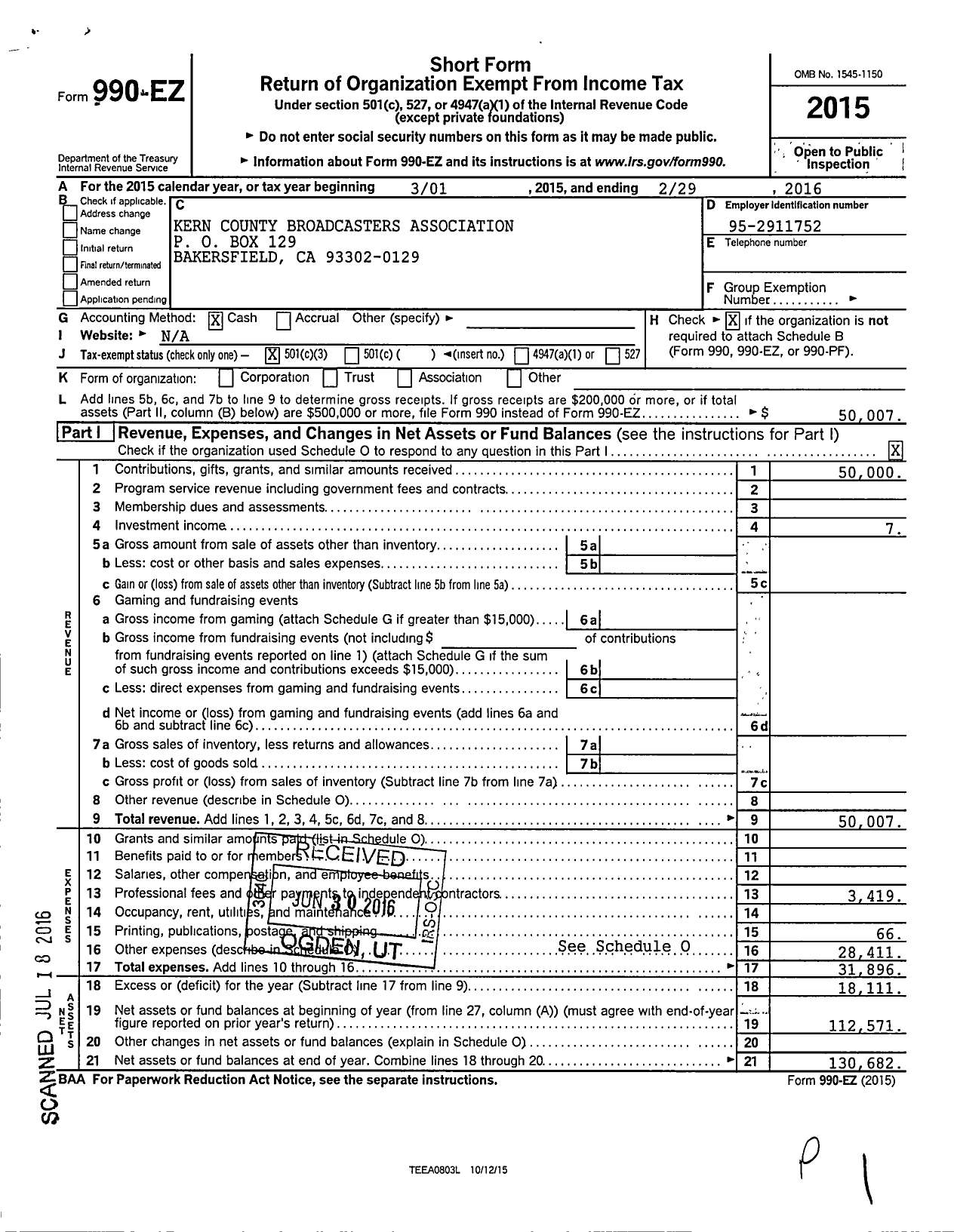 Image of first page of 2015 Form 990EZ for Kern County Broadcasters Association