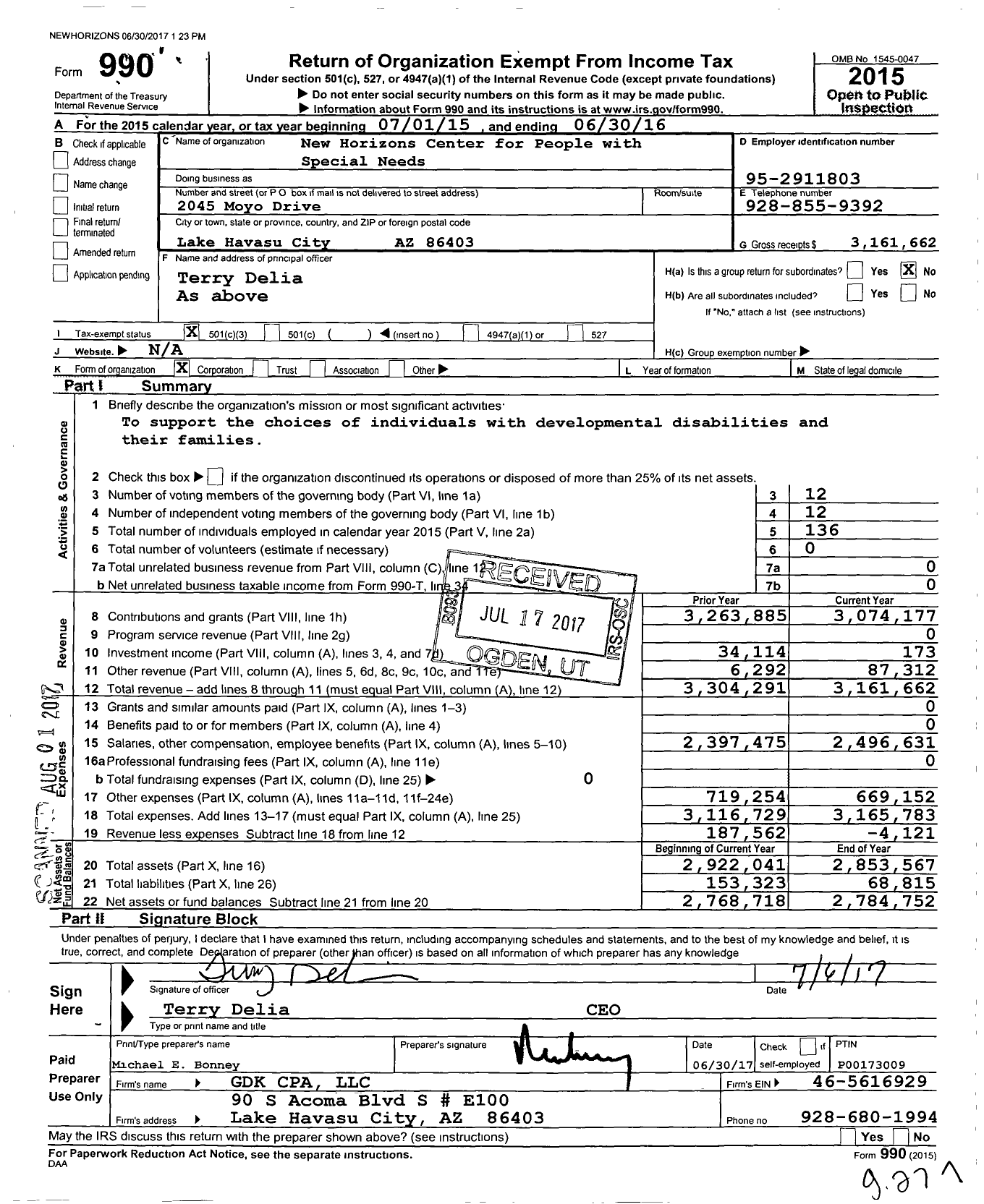 Image of first page of 2015 Form 990 for New Horizons Center for People With Special Needs