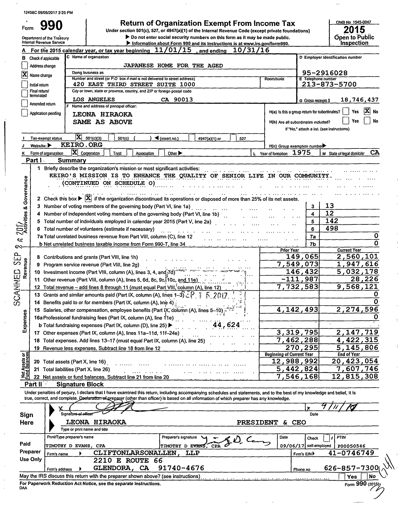 Image of first page of 2015 Form 990 for Japanese Home for the Aged