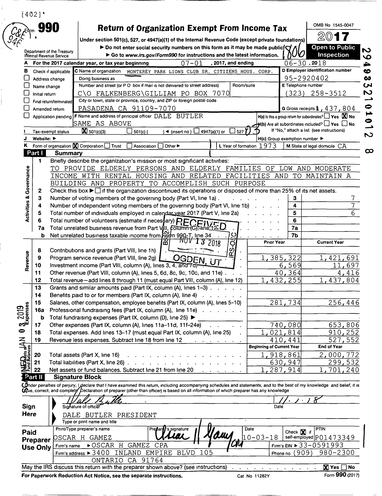 Image of first page of 2017 Form 990 for Monterey Park Lions Club SR Citizens Hous Corporation