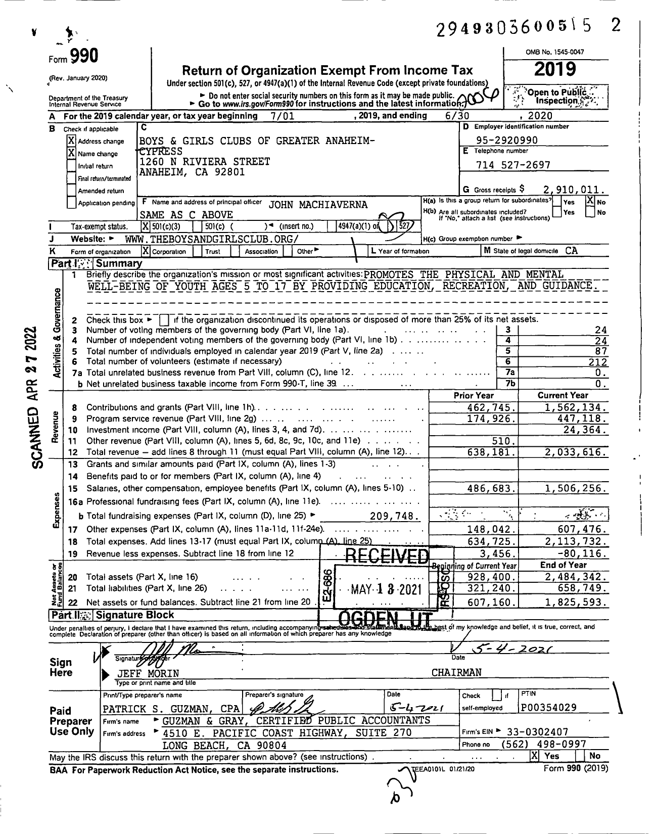 Image of first page of 2019 Form 990 for Boys and Girls Clubs of Greater Anaheim- Cypress