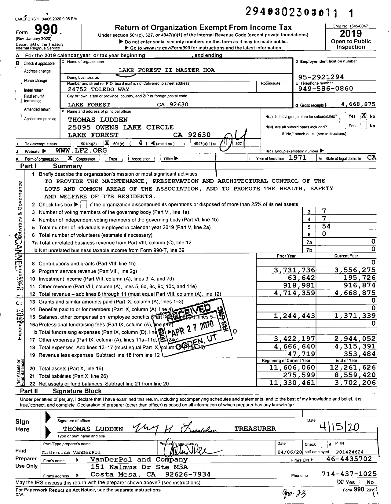 Image of first page of 2019 Form 990O for Lake Forest II Master Homeowners Association