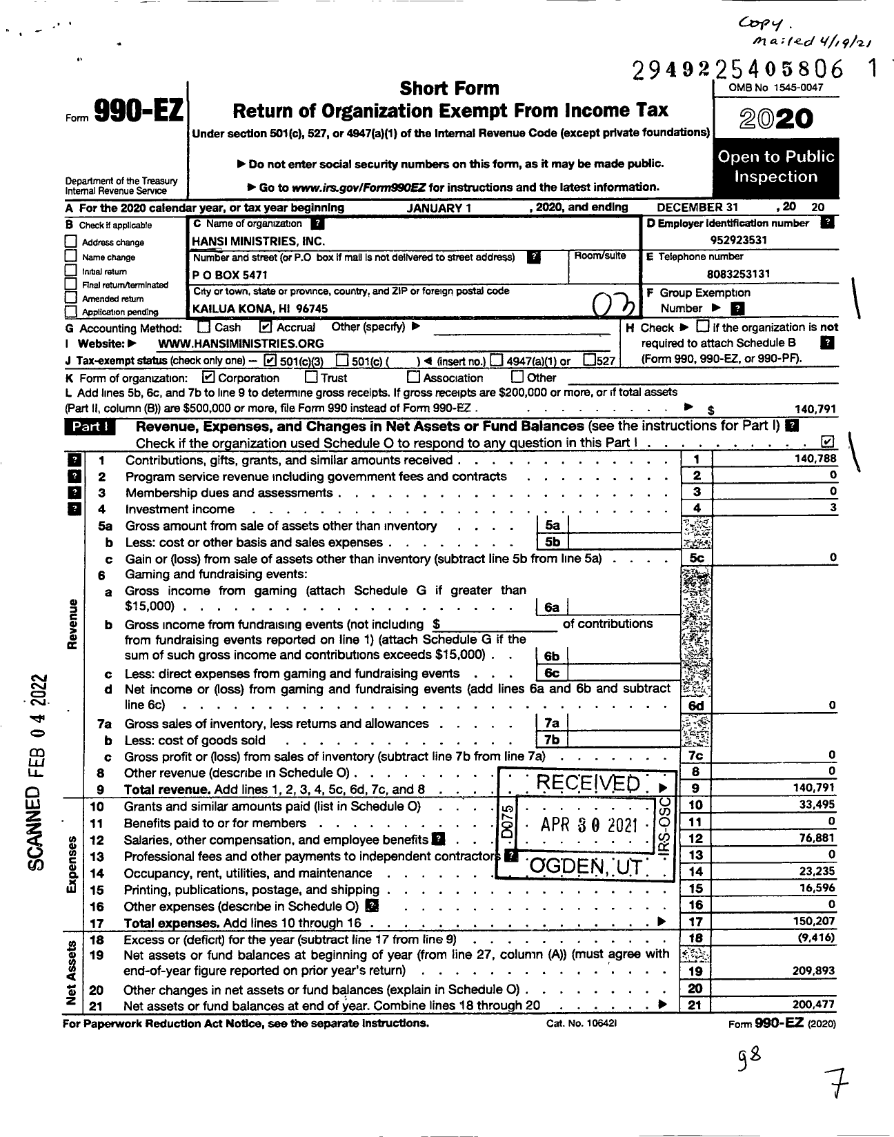 Image of first page of 2020 Form 990EZ for Hansi Ministries