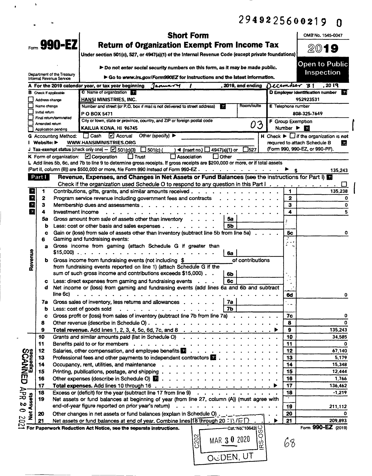 Image of first page of 2019 Form 990EZ for Hansi Ministries