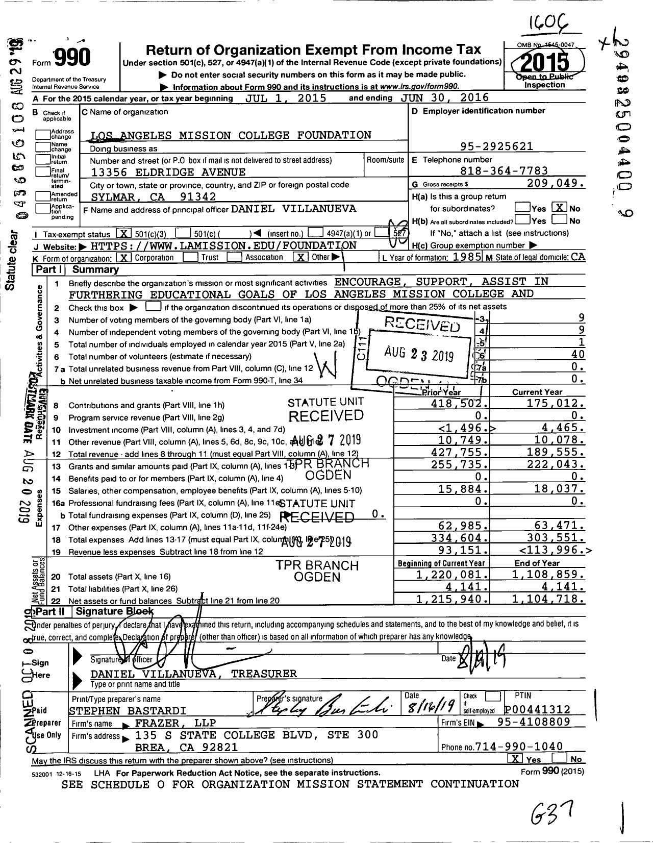 Image of first page of 2015 Form 990 for Los Angeles Mission College Foundation