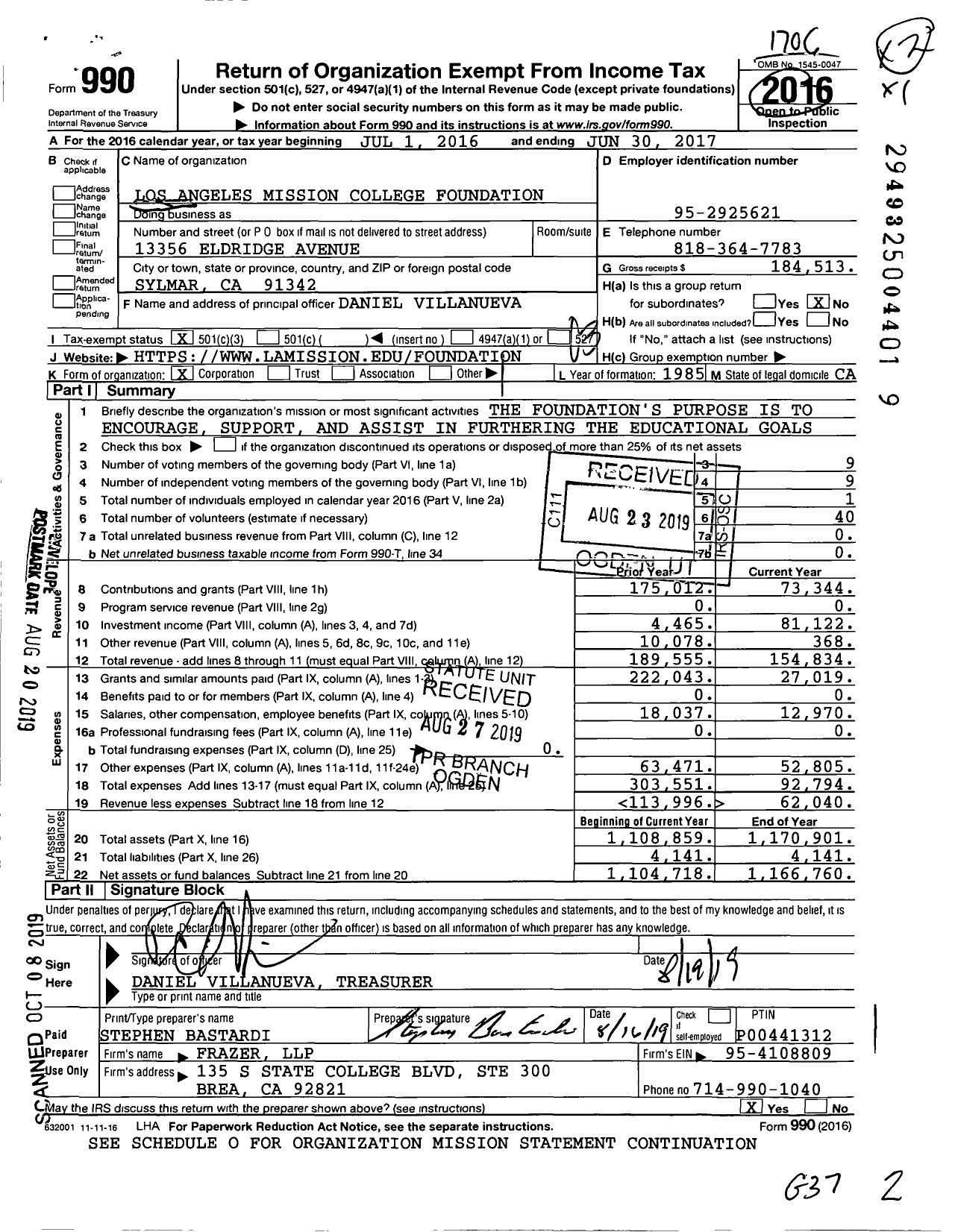 Image of first page of 2016 Form 990 for Los Angeles Mission College Foundation